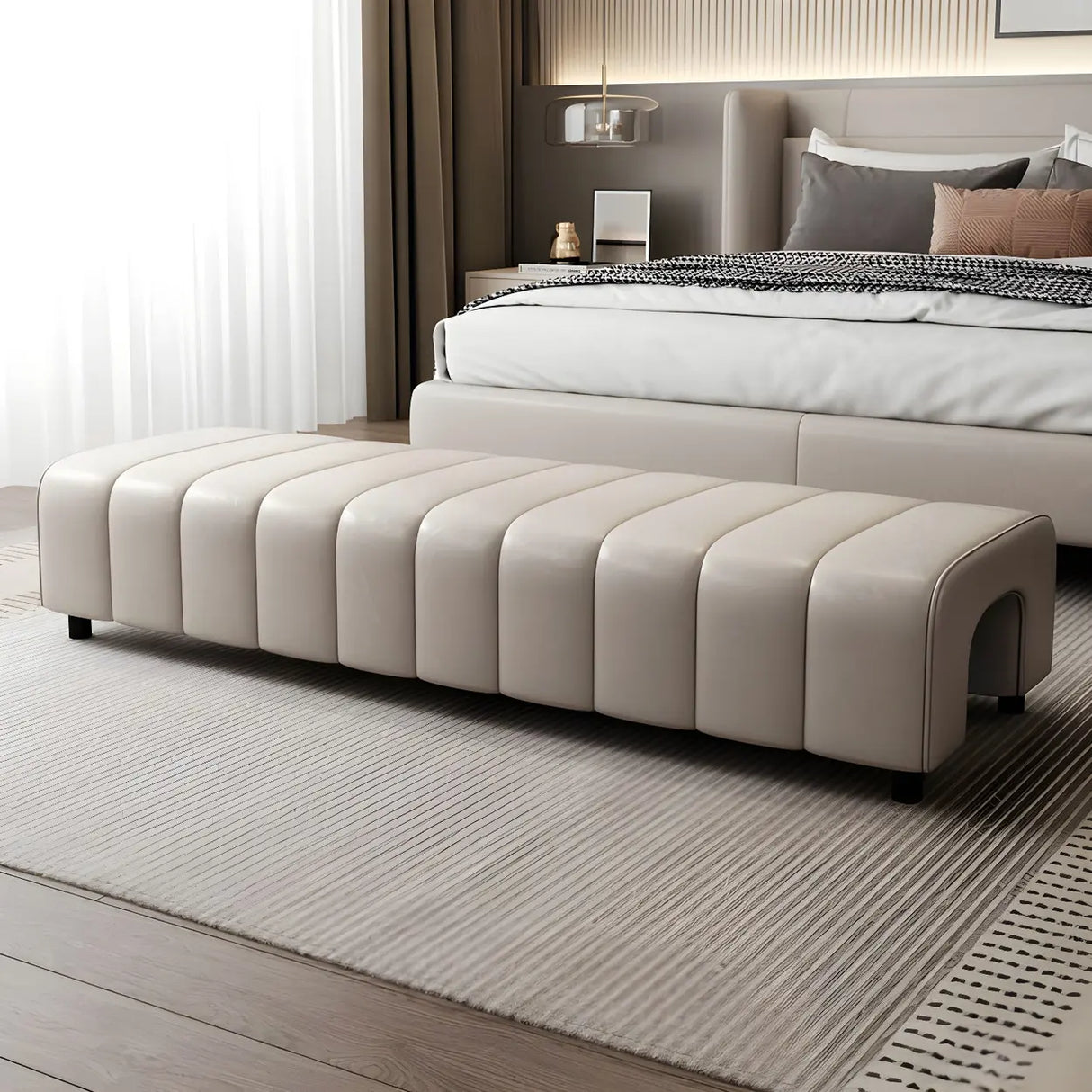 Off-White Genuine Leather Upholstered Bedroom Bench Image - 16