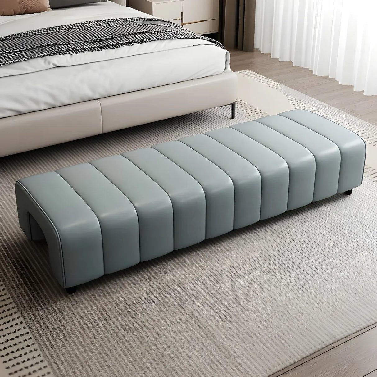 Off-White Genuine Leather Upholstered Bedroom Bench Image - 3