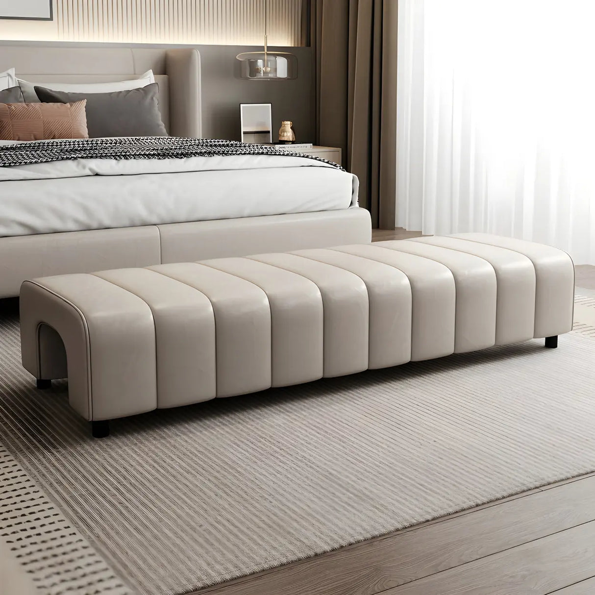 Off-White Genuine Leather Upholstered Bedroom Bench Image - 4