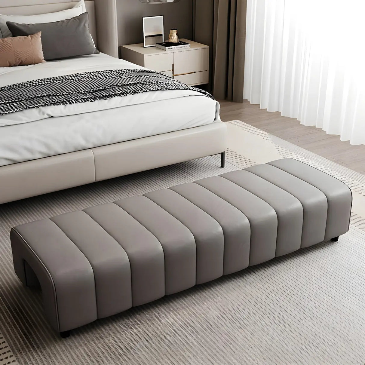 Off-White Genuine Leather Upholstered Bedroom Bench Image - 5