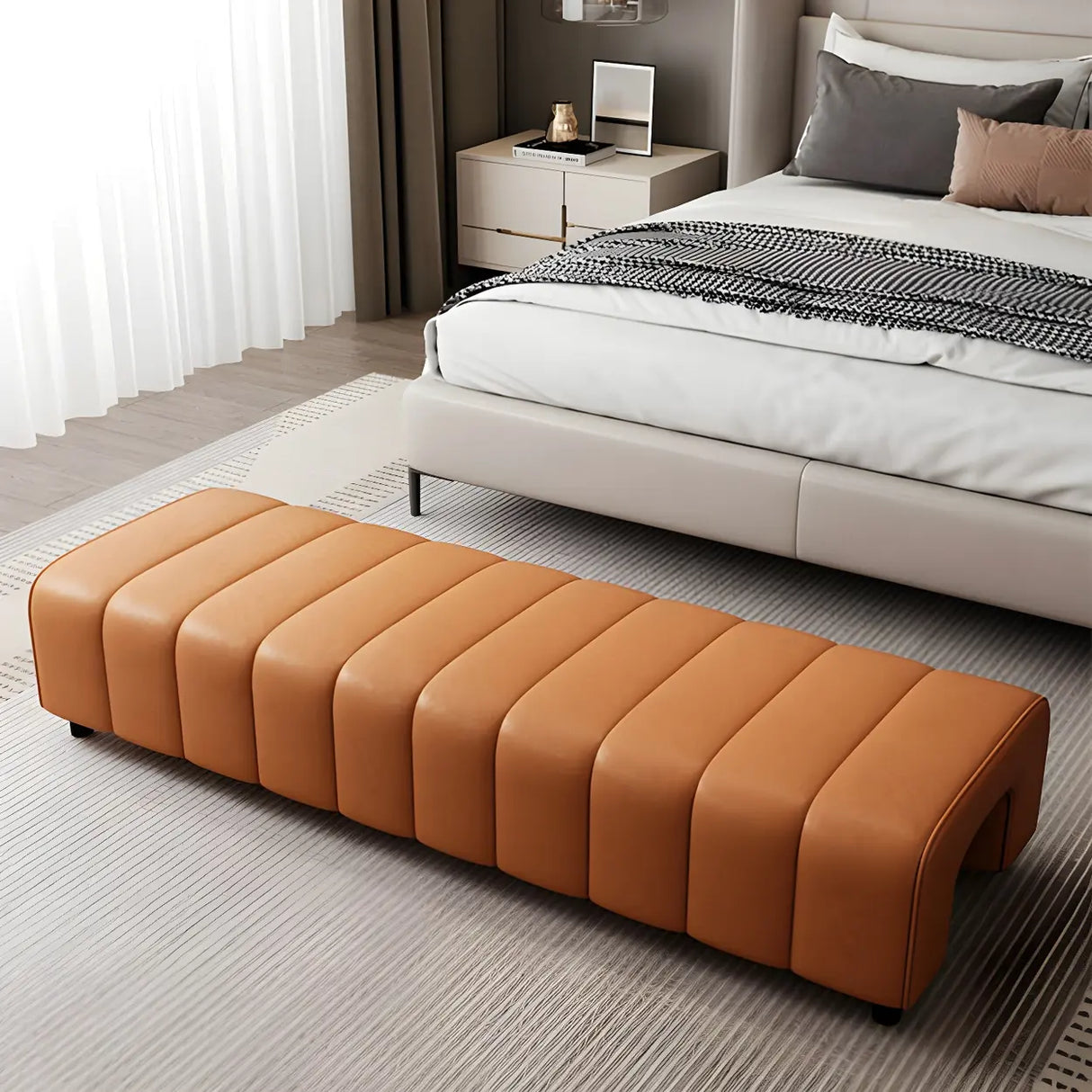 Off-White Genuine Leather Upholstered Bedroom Bench Image - 6