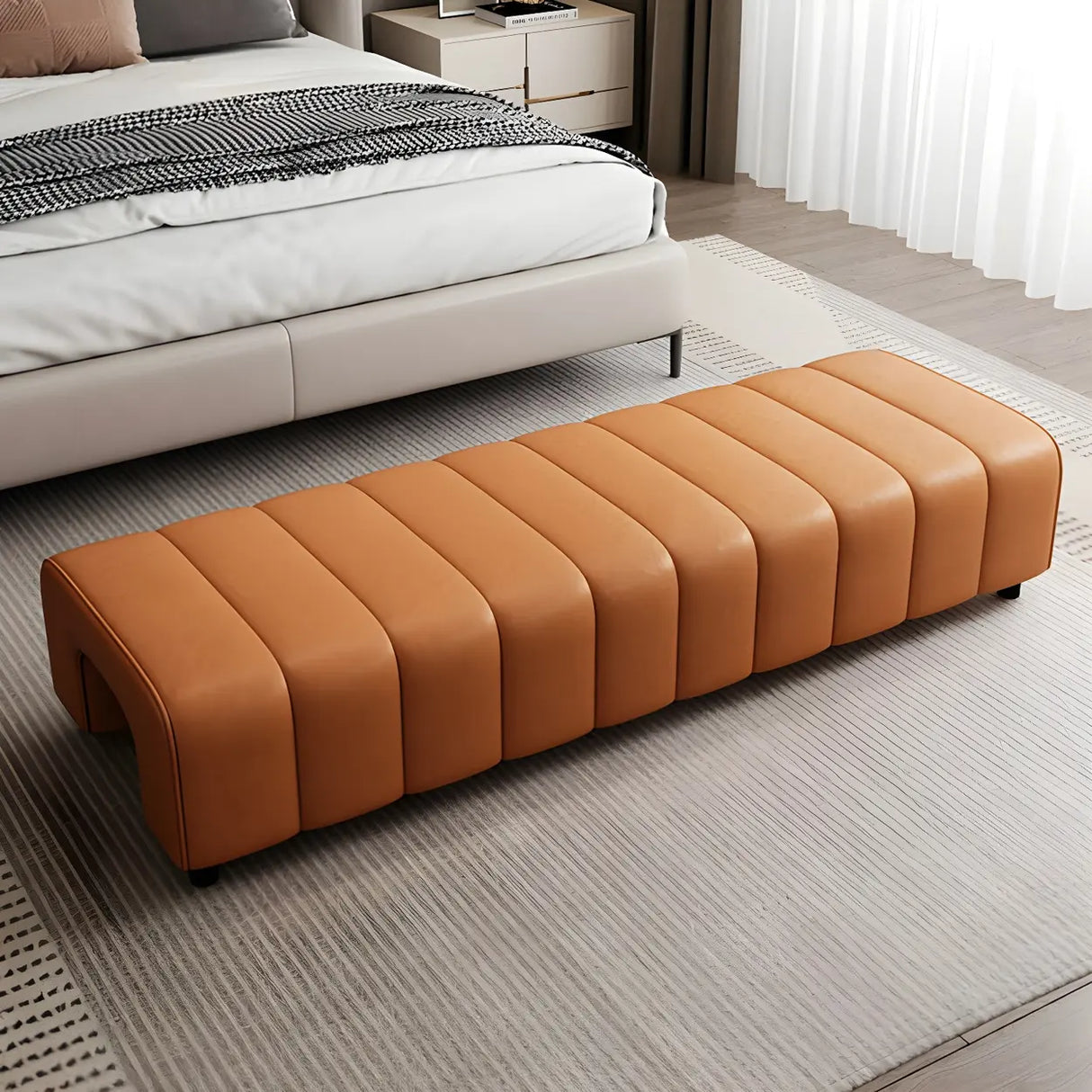 Off-White Genuine Leather Upholstered Bedroom Bench Image - 7