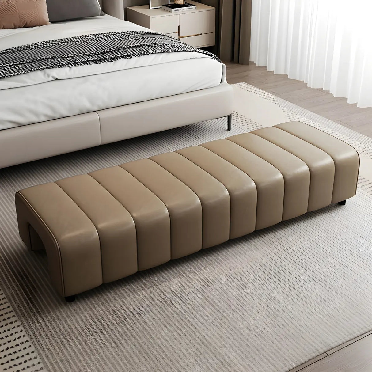 Off-White Genuine Leather Upholstered Bedroom Bench Image - 9