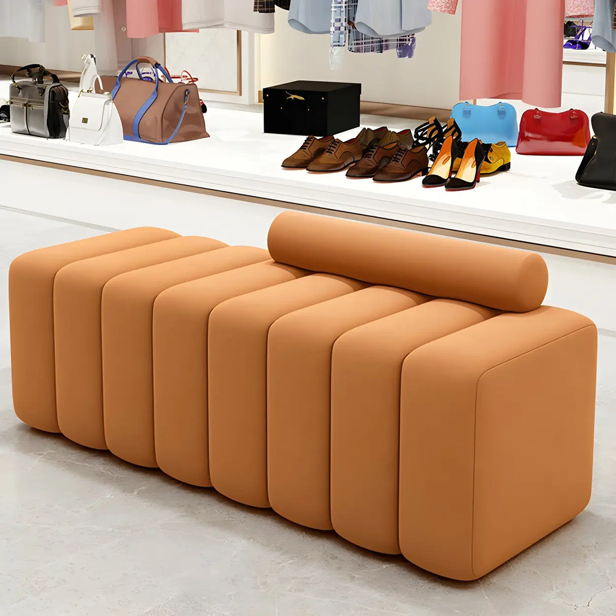 Off-White Pine Wood Frame Upholstered Bedroom Bench Image - 10