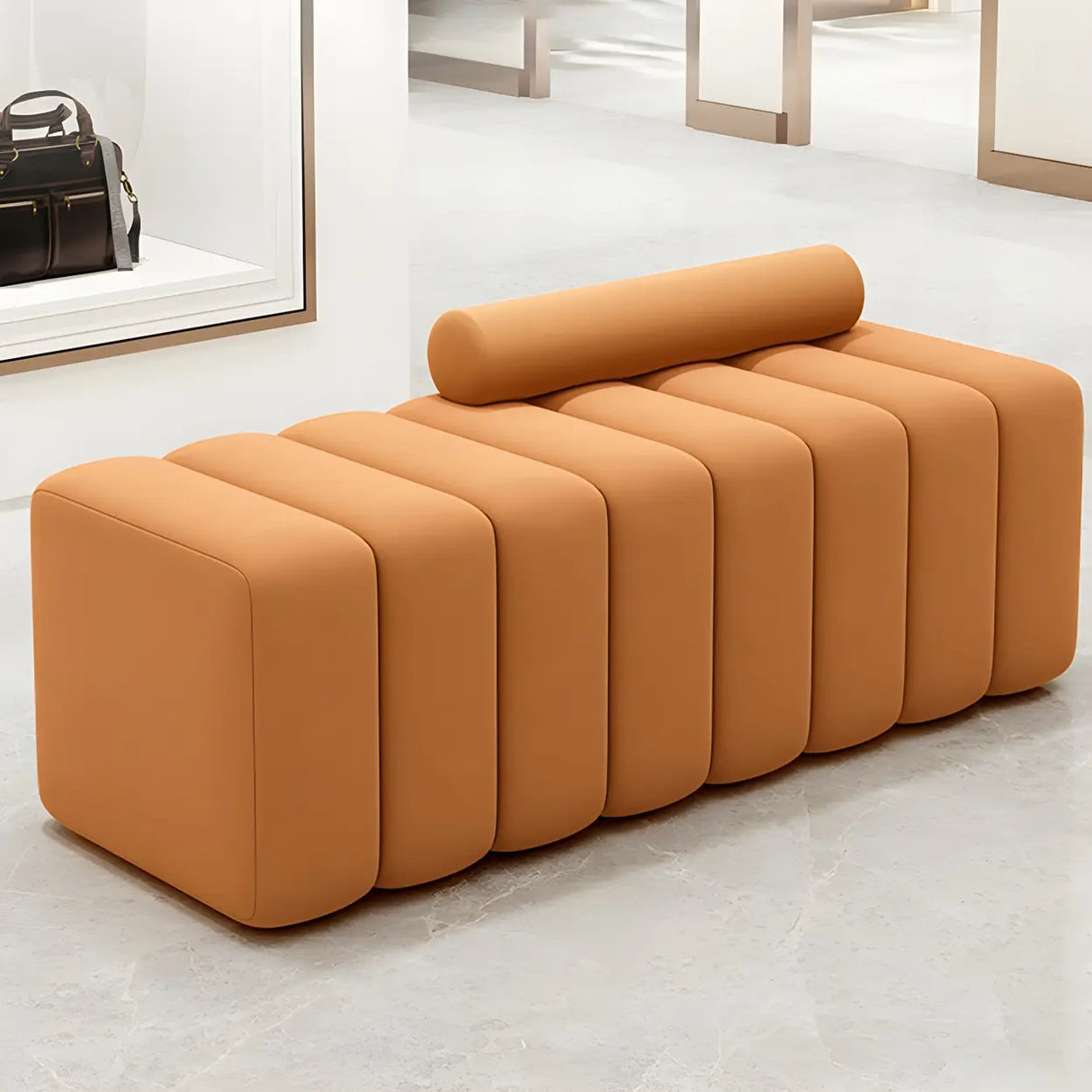 Off-White Pine Wood Frame Upholstered Bedroom Bench Image - 11