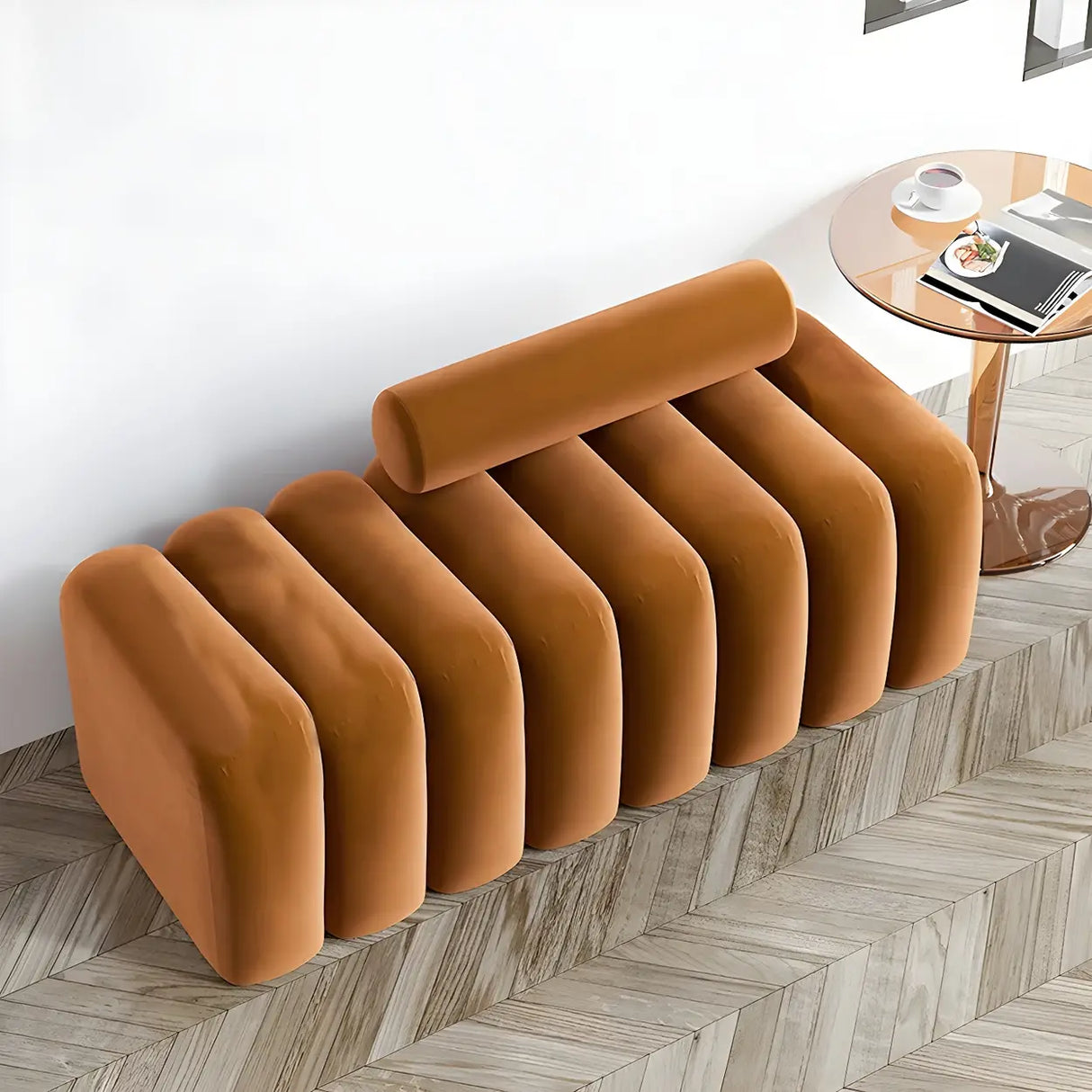 Off-White Pine Wood Frame Upholstered Bedroom Bench Image - 3