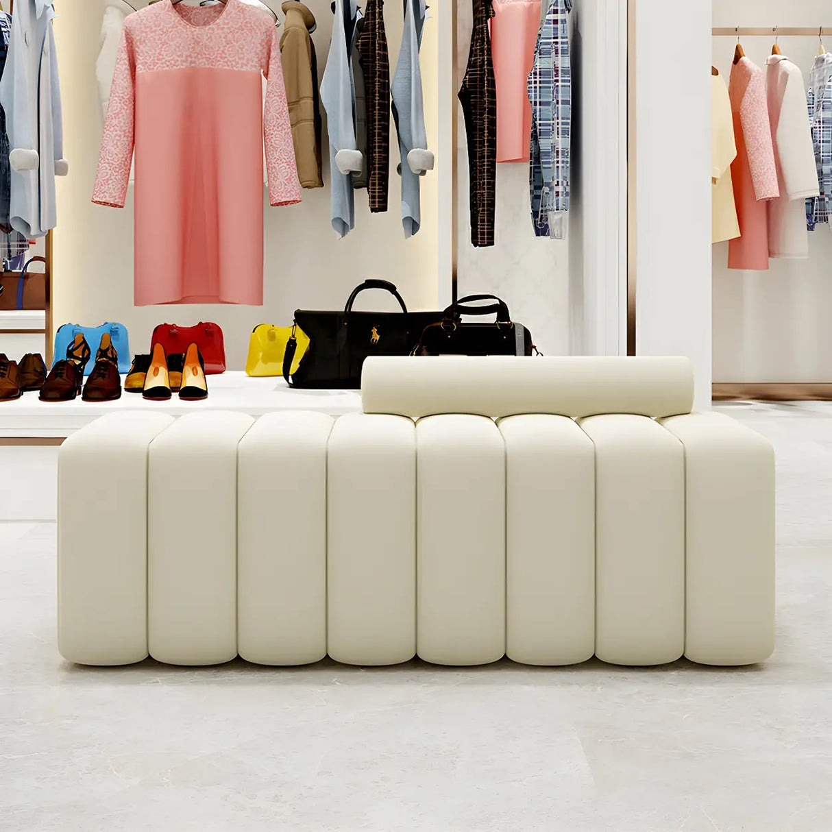 Off-White Pine Wood Frame Upholstered Bedroom Bench Image - 4