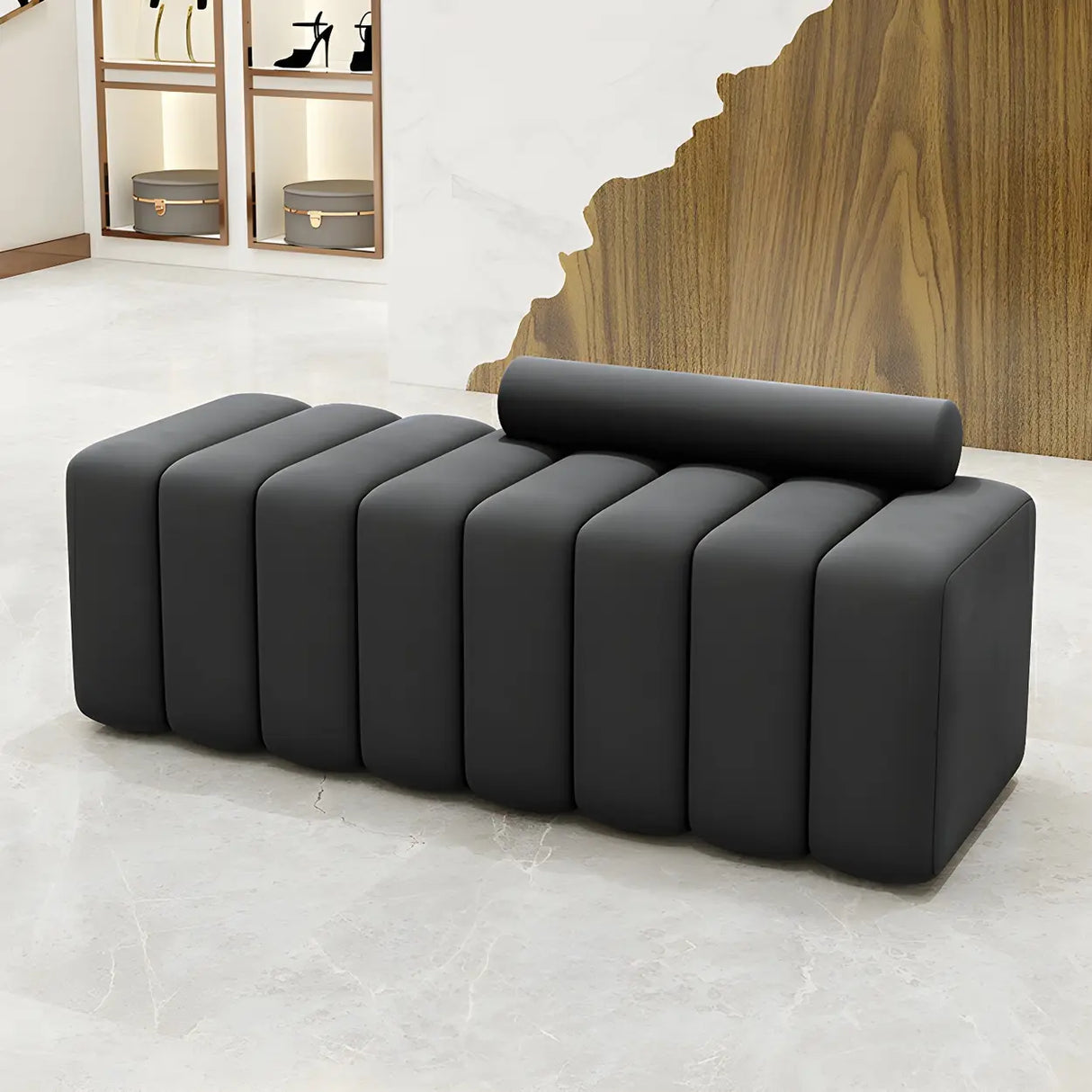 Off-White Pine Wood Frame Upholstered Bedroom Bench Image - 5