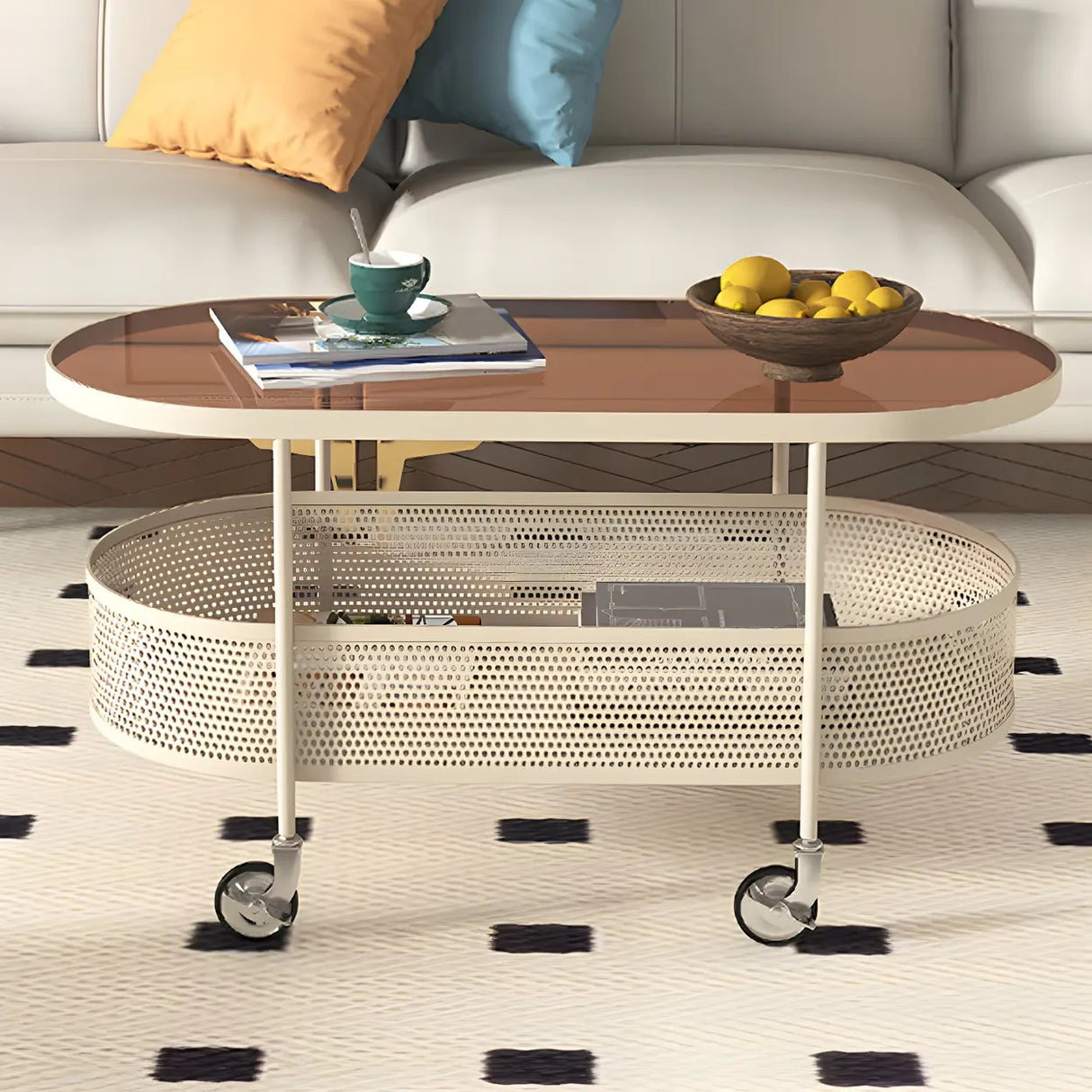 Off-White Reeded Glass Oval Storage Wheel Coffee Table Image - 11