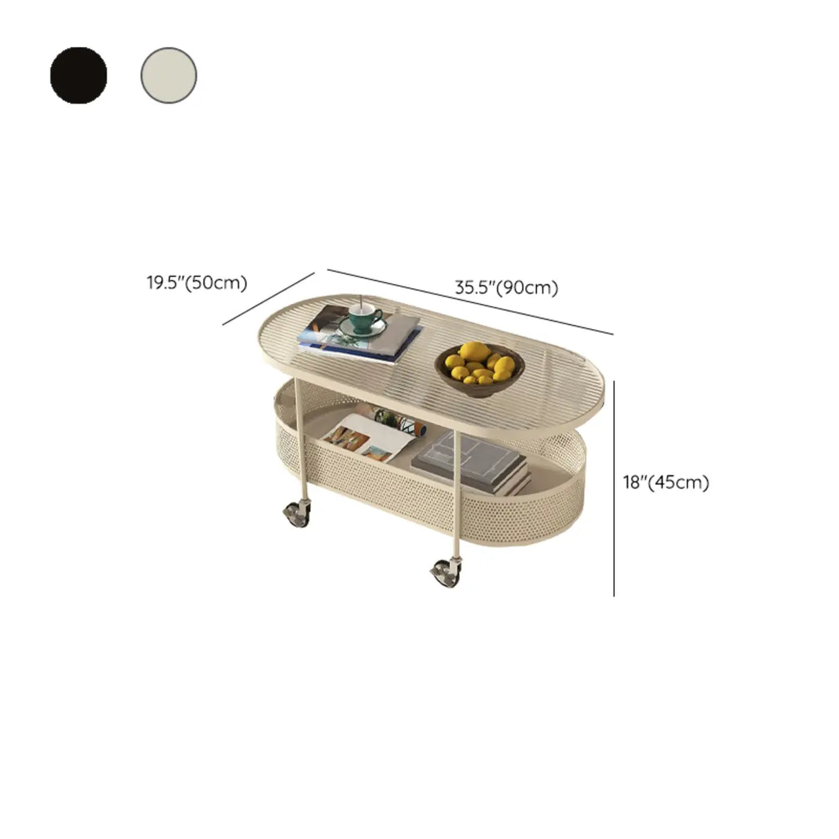 Off-White Reeded Glass Oval Storage Wheel Coffee Table