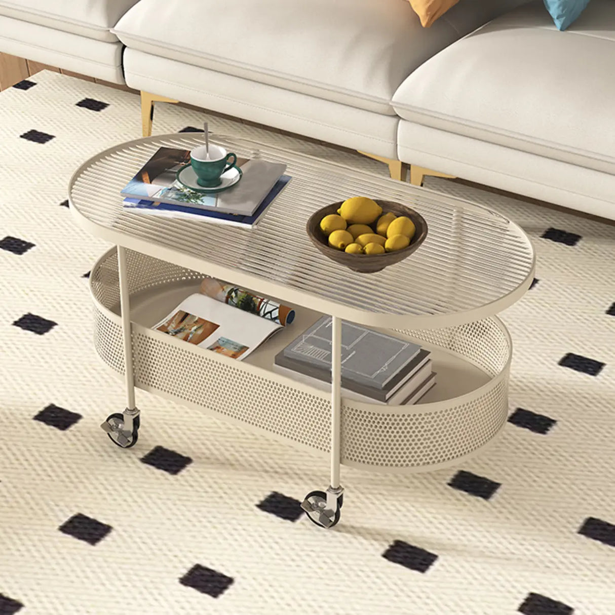 Off-White Reeded Glass Oval Storage Wheel Coffee Table Image - 1