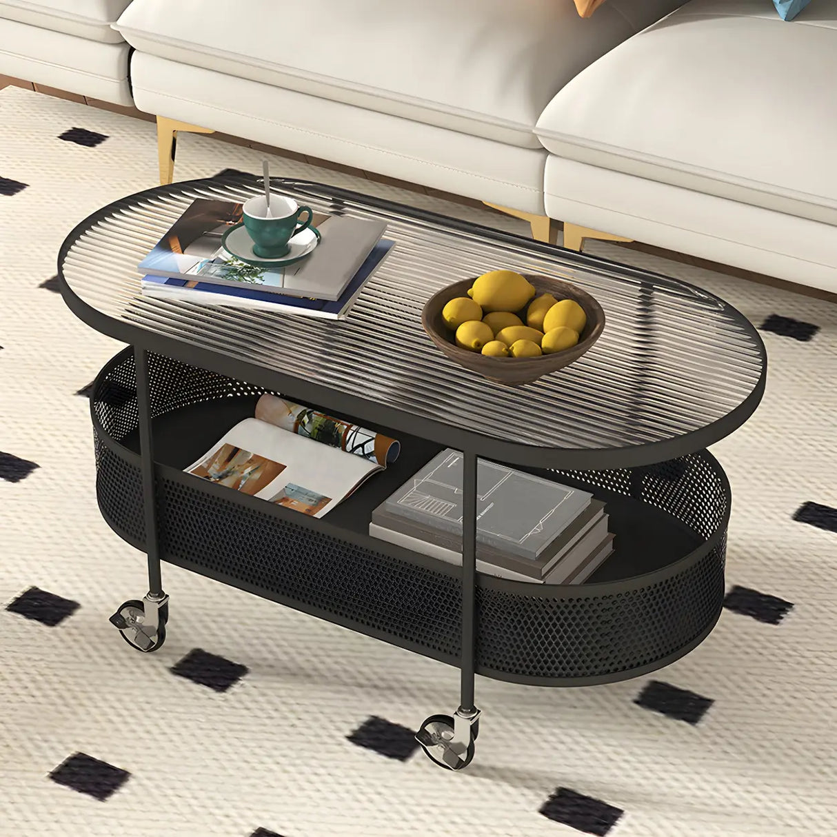 Off-White Reeded Glass Oval Storage Wheel Coffee Table Image - 8