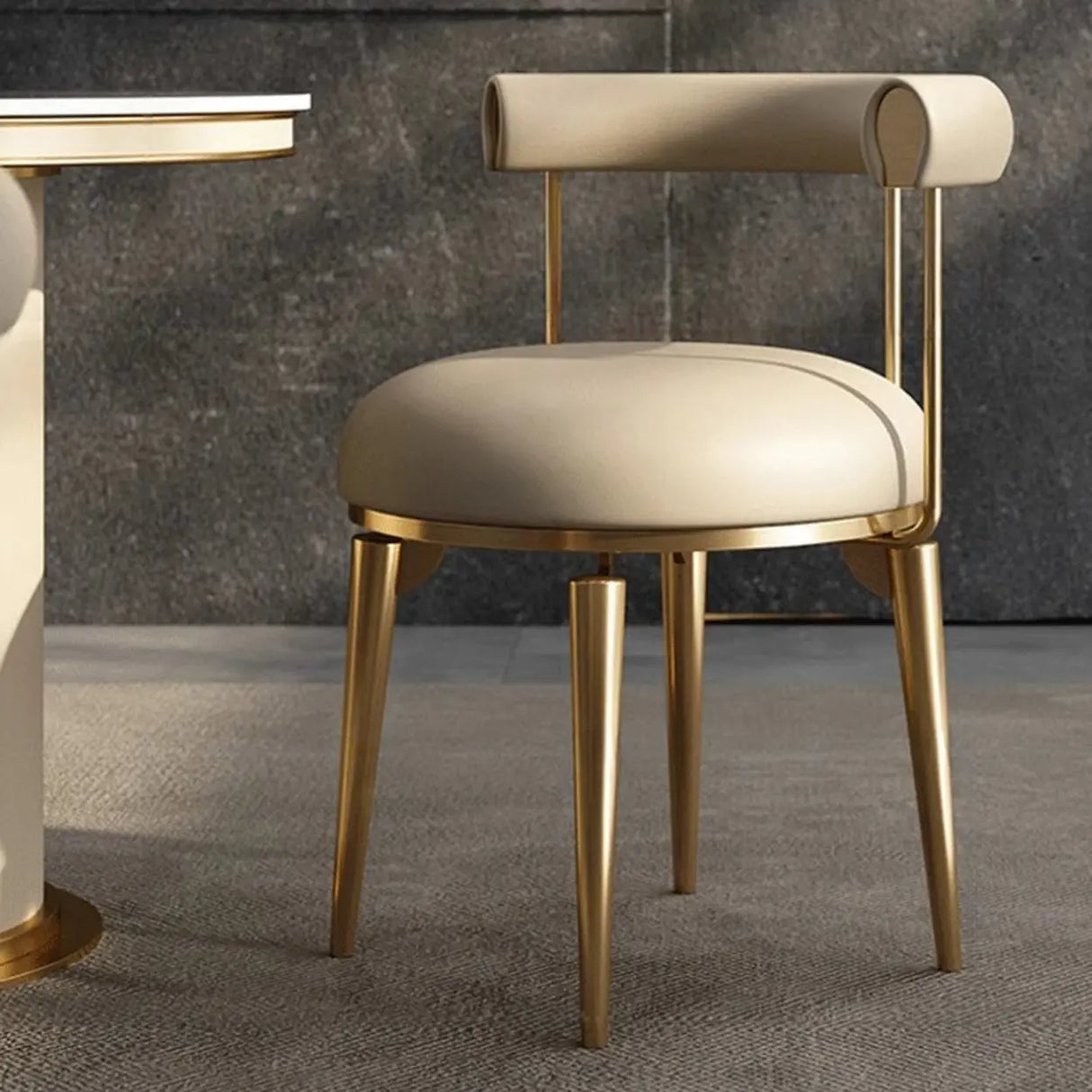 Off-White Round Leather Curved Back Metal Dining Chairs Image - 4