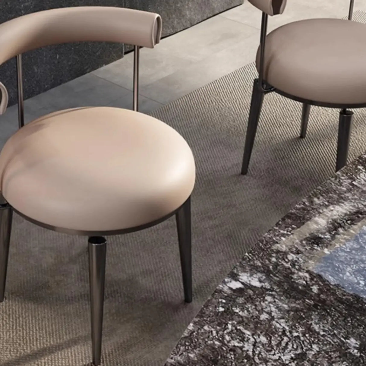 Off-White Round Leather Curved Back Metal Dining Chairs Image - 6