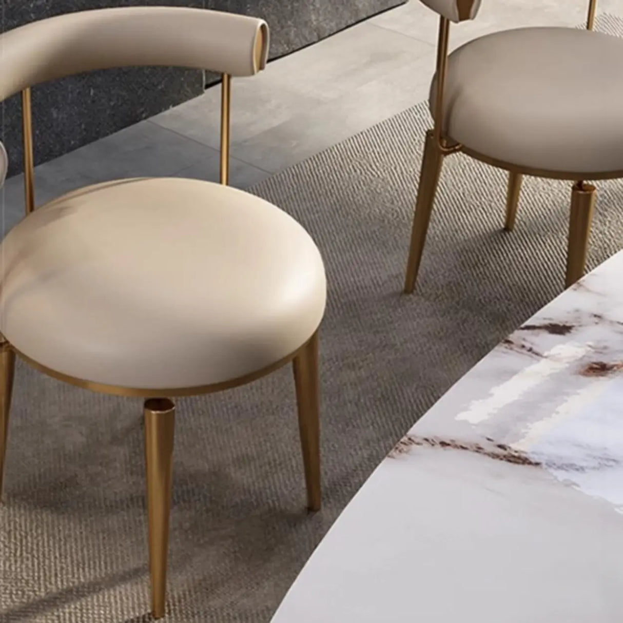 Off-White Round Leather Curved Back Metal Dining Chairs Image - 7