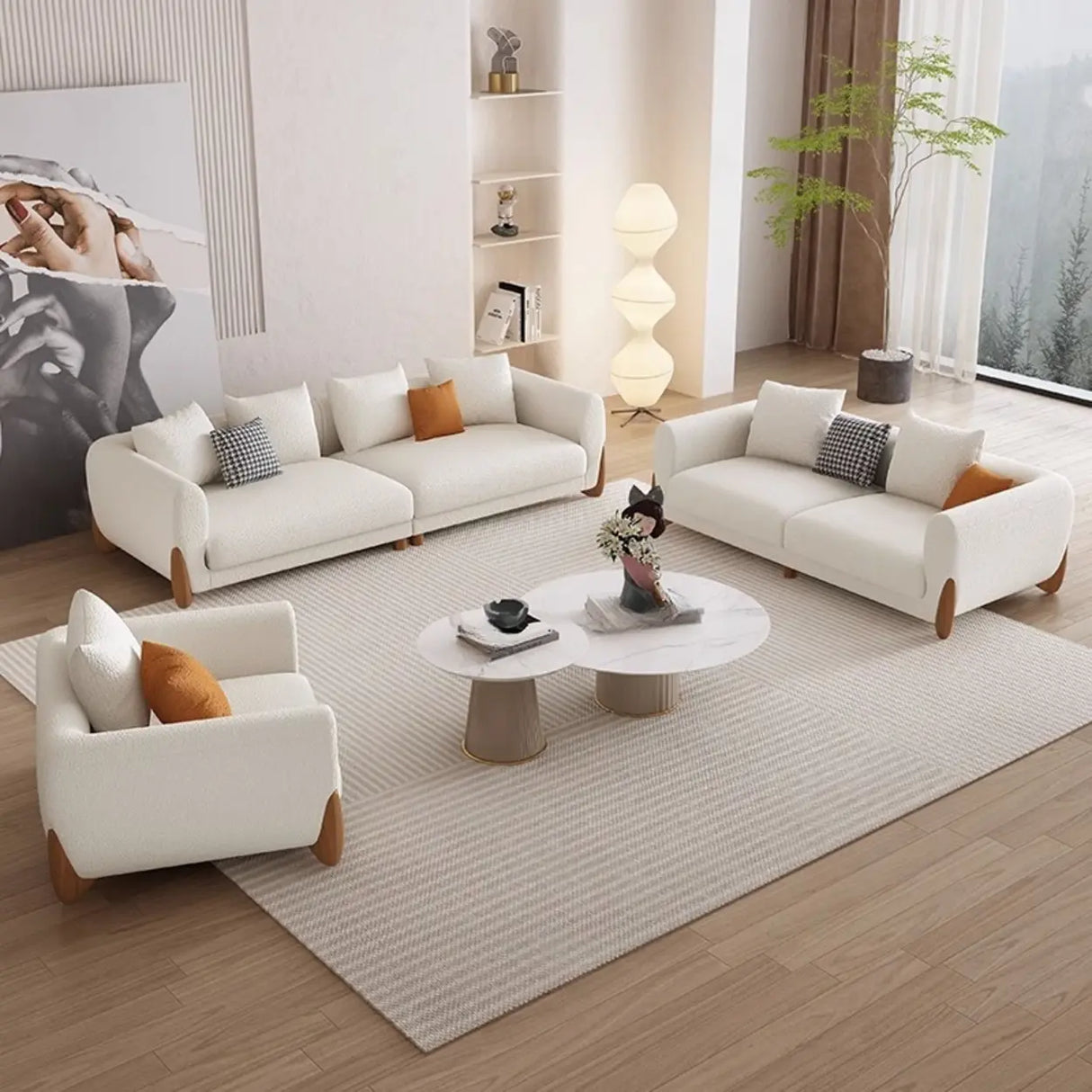 Off-White Sherpa Fabric Square Arm Foam Fill Seat Sofa Image - 2