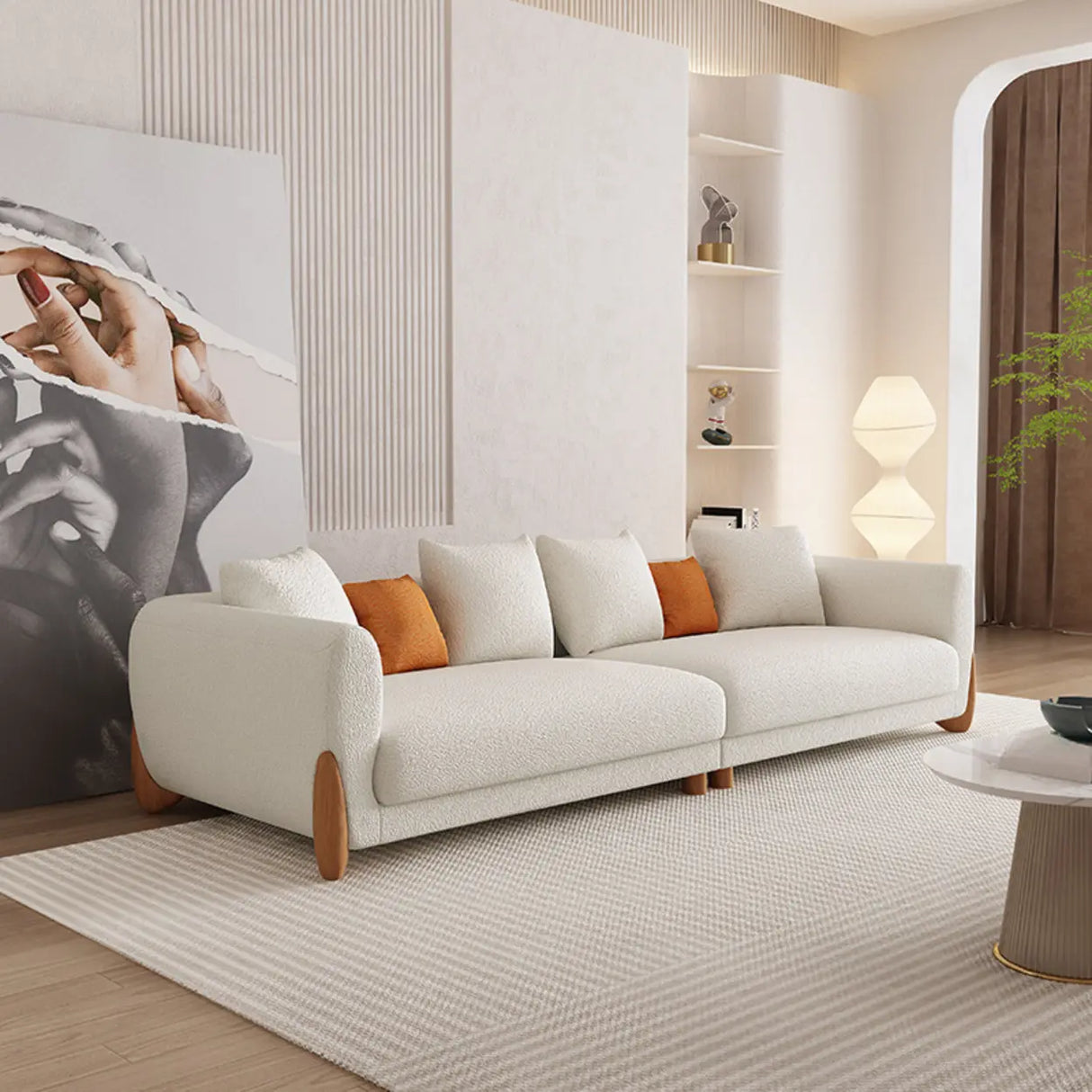 Off-White Sherpa Fabric Square Arm Foam Fill Seat Sofa Image - 3