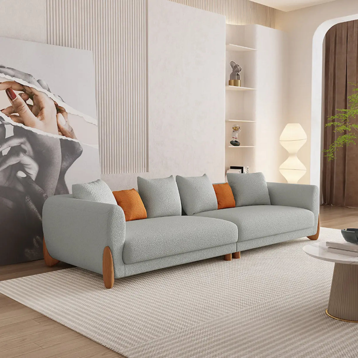 Off-White Sherpa Fabric Square Arm Foam Fill Seat Sofa Image - 4