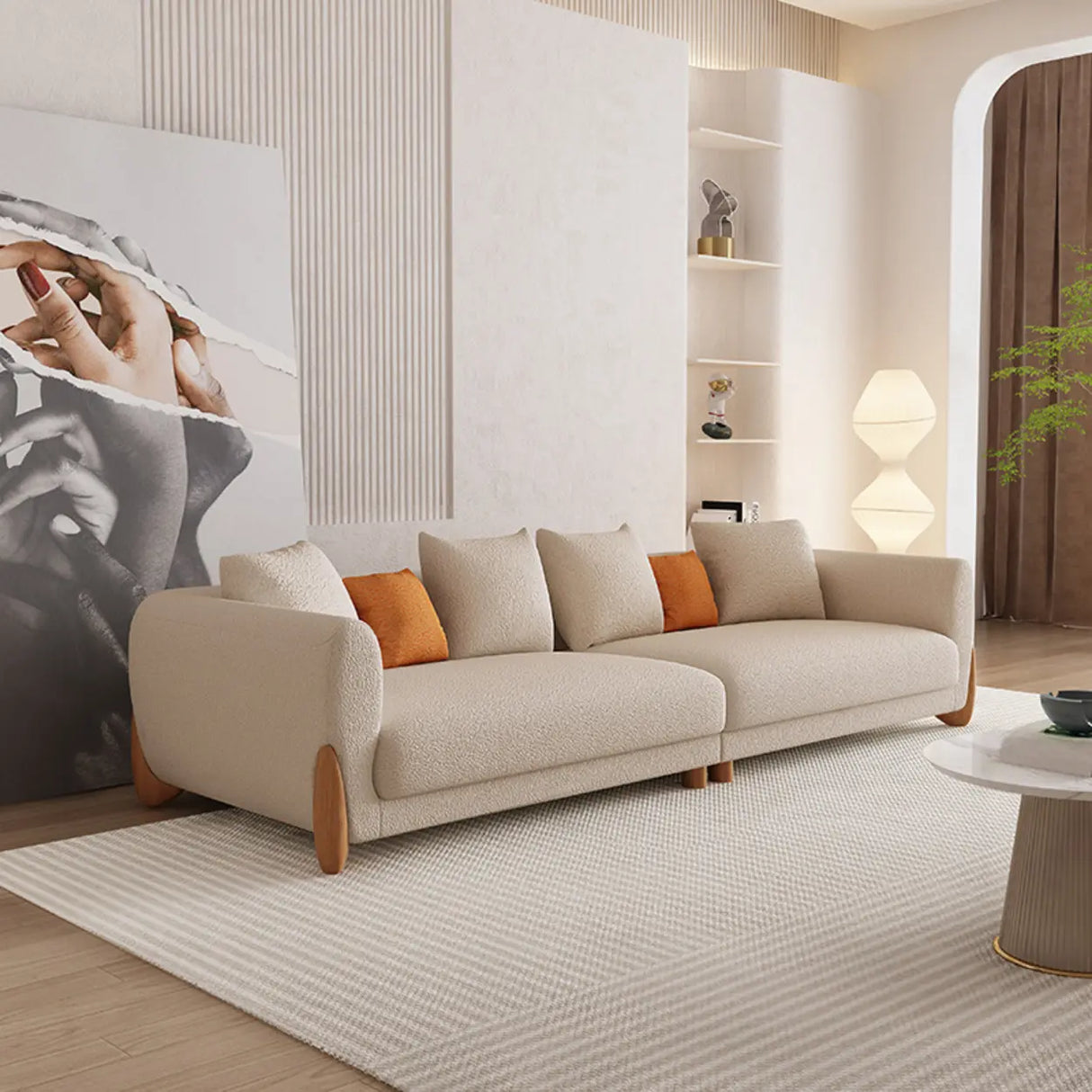 Off-White Sherpa Fabric Square Arm Foam Fill Seat Sofa Image - 6