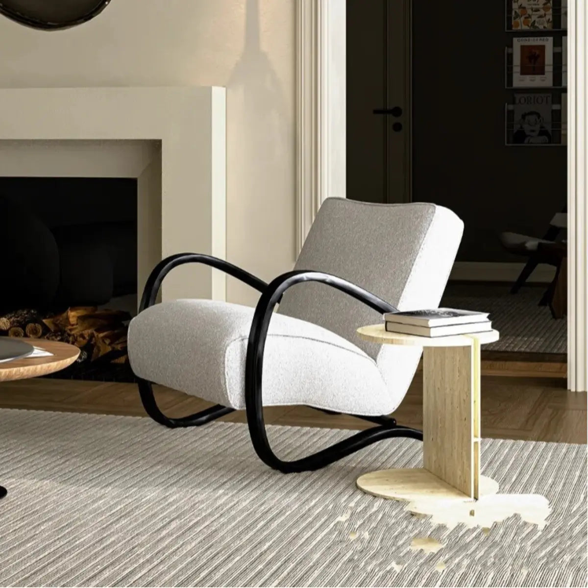 Off-White Sherpa Foam Fill Fixed Back Wood Arm Chair Image - 2
