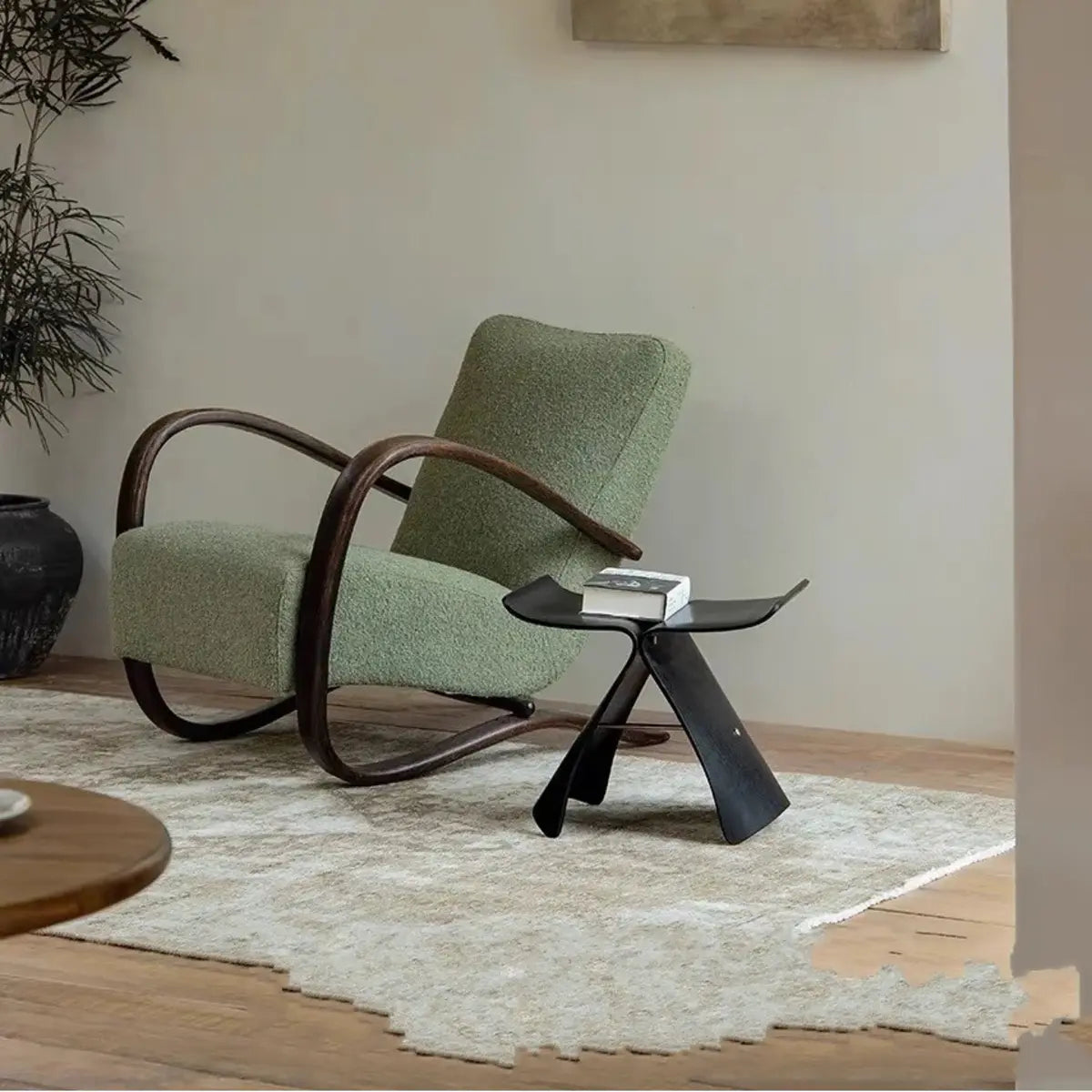 Off-White Sherpa Foam Fill Fixed Back Wood Arm Chair Image - 3