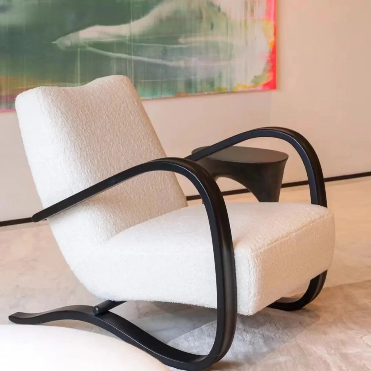 Off-White Sherpa Foam Fill Fixed Back Wood Arm Chair Image - 4