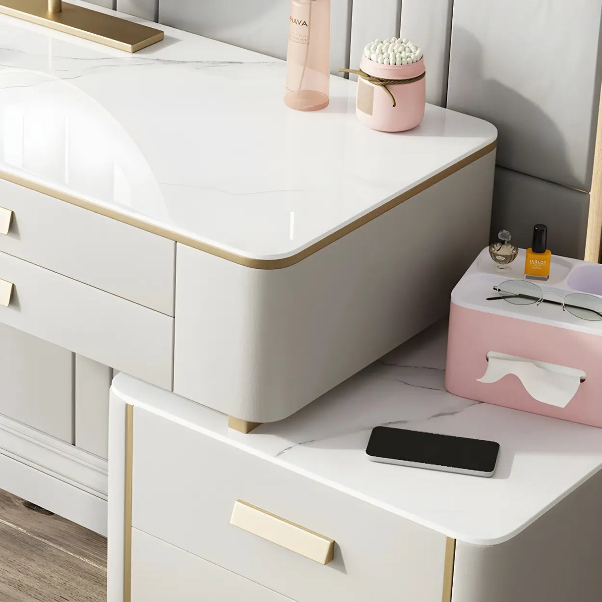 Off-White Stone Top Wood Makeup Vanity with Drawers Image - 10