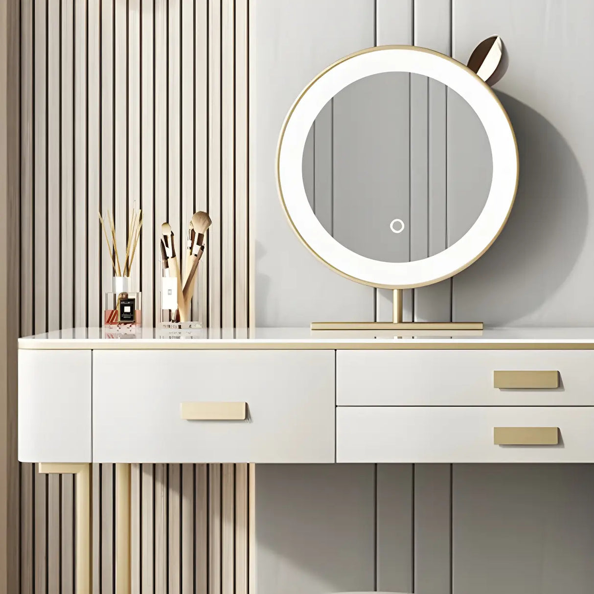 Off-White Stone Top Wood Makeup Vanity with Drawers Image - 11