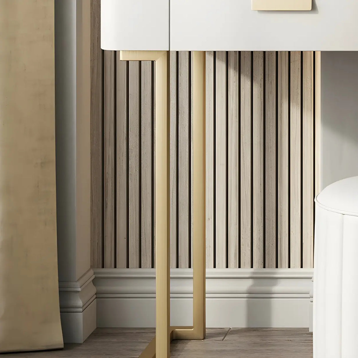 Off-White Stone Top Wood Makeup Vanity with Drawers Image - 12