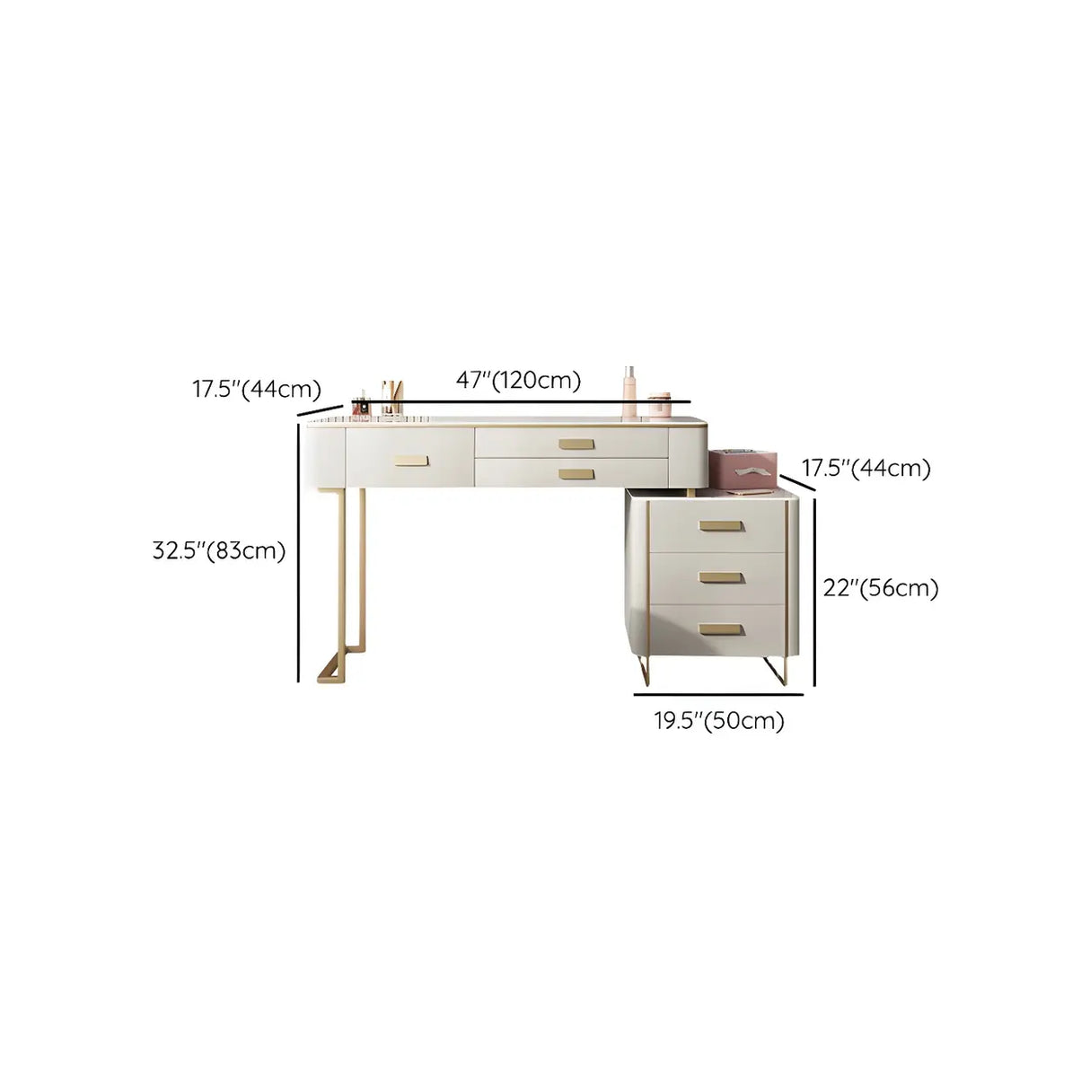 Off-White Stone Top Wood Makeup Vanity with Drawers Image - 16