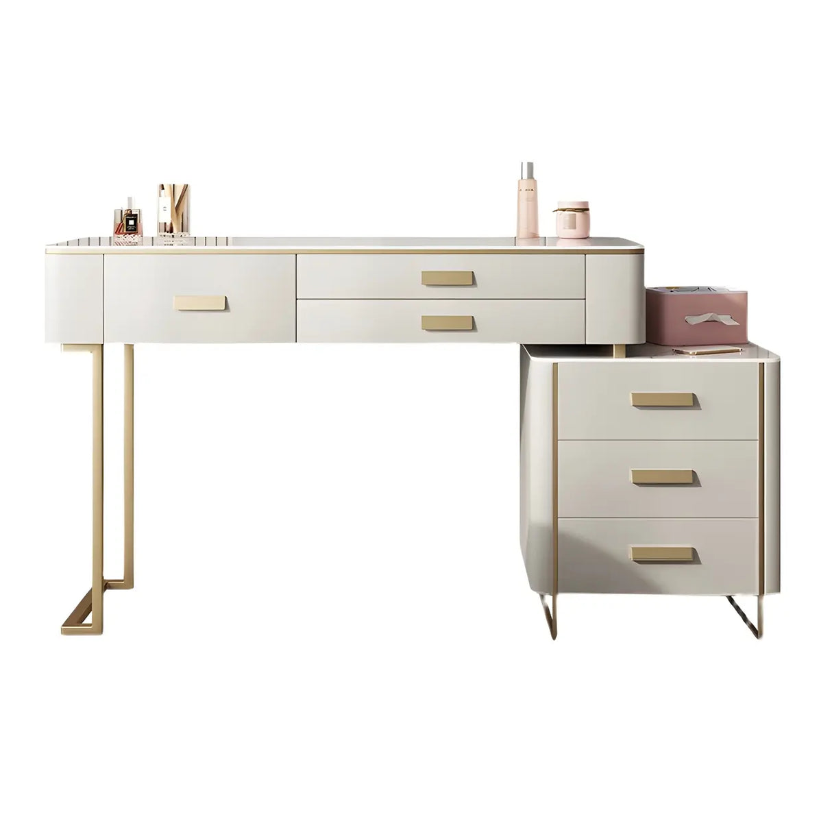 Off-White Stone Top Wood Makeup Vanity with Drawers Image - 2