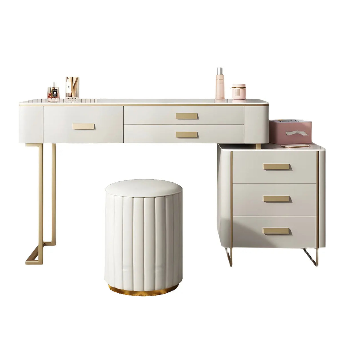 Off-White Stone Top Wood Makeup Vanity with Drawers Image - 3