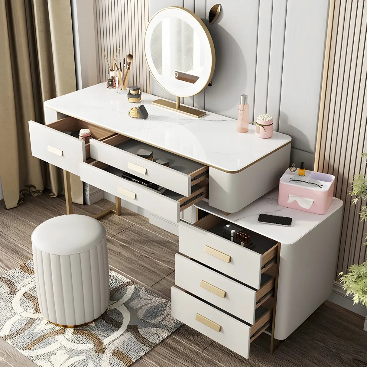 Off-White Stone Top Wood Makeup Vanity with Drawers Image - 4