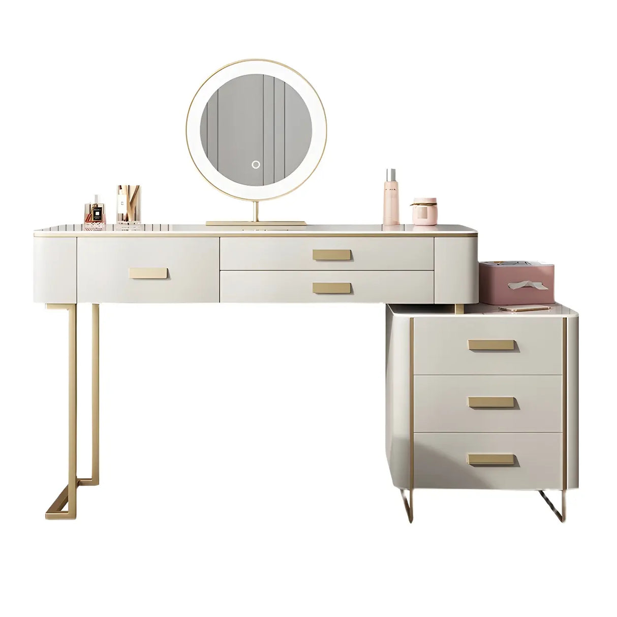 Off-White Stone Top Wood Makeup Vanity with Drawers Image - 5