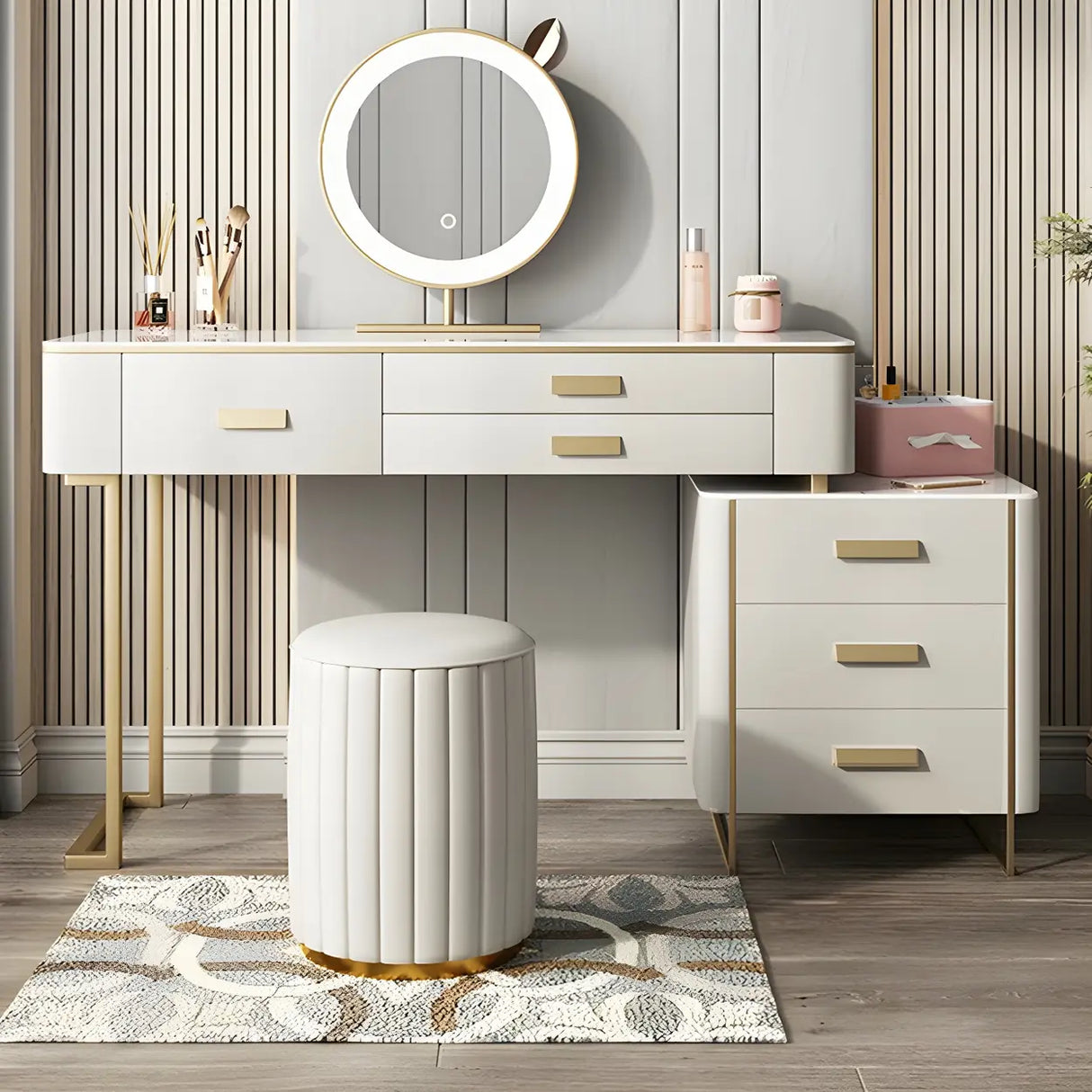 Off-White Stone Top Wood Makeup Vanity with Drawers Image - 6