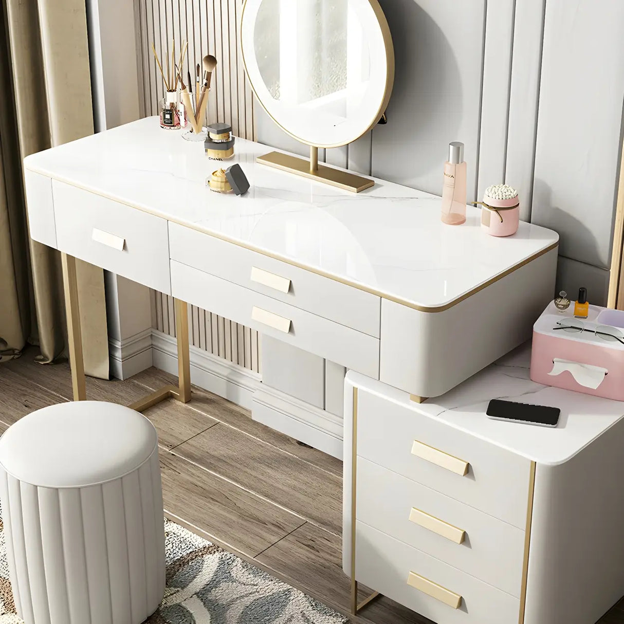Off-White Stone Top Wood Makeup Vanity with Drawers Image - 7