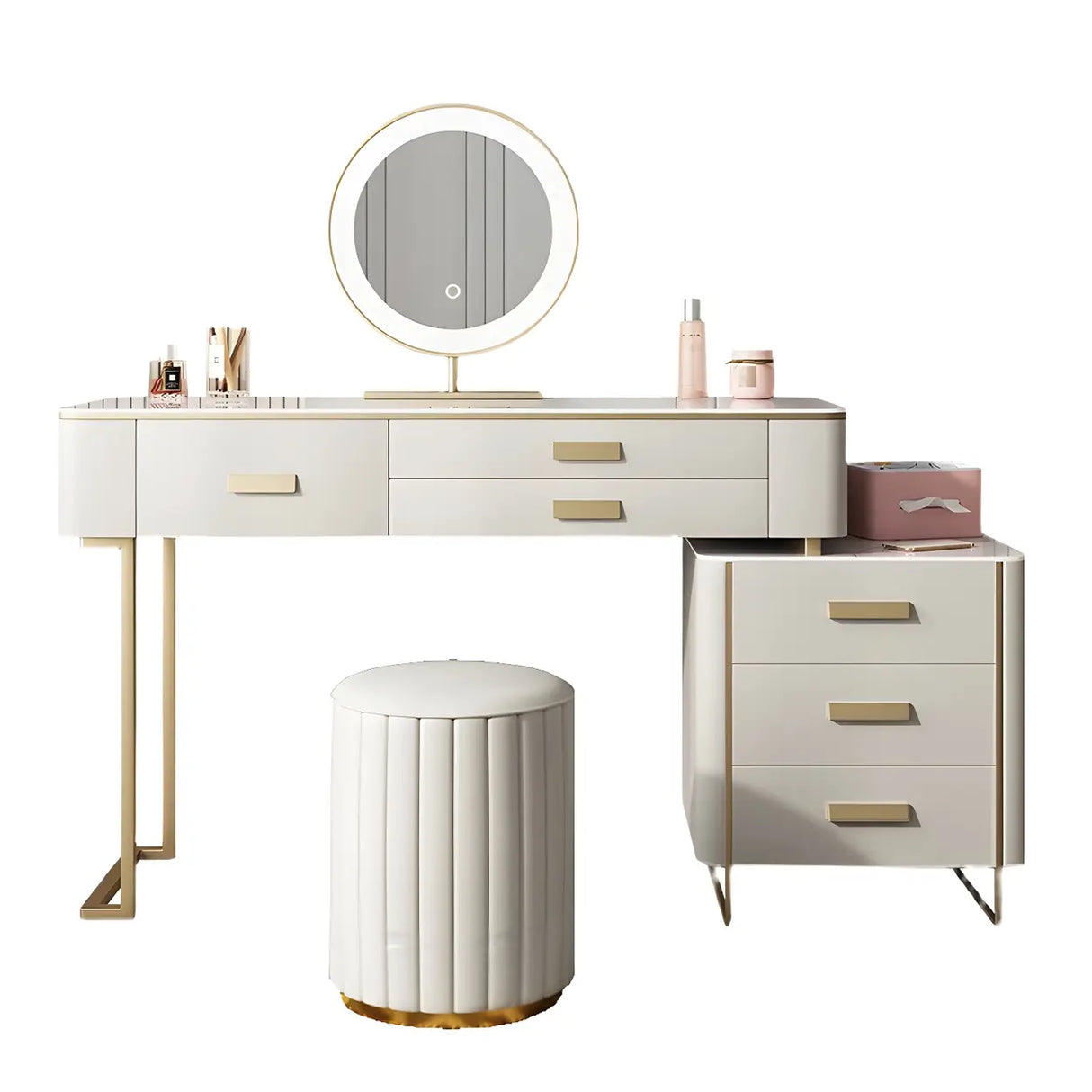 Off-White Stone Top Wood Makeup Vanity with Drawers Image - 8