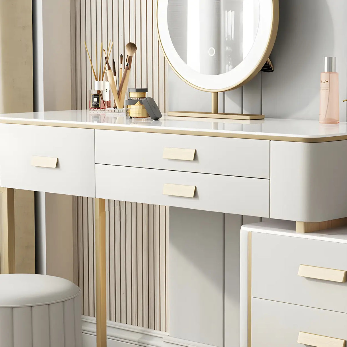 Off-White Stone Top Wood Makeup Vanity with Drawers Image - 9