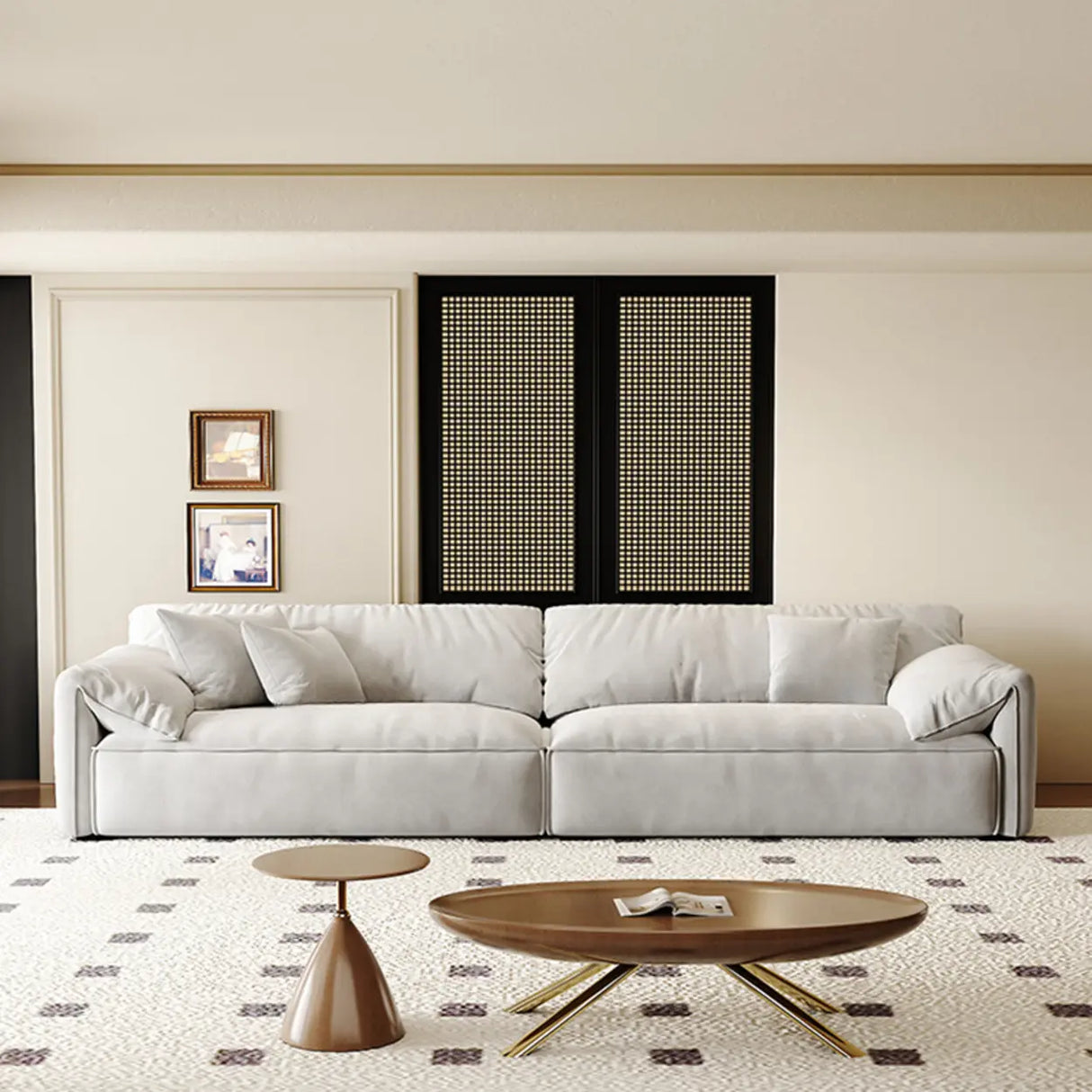 Off-White Suede Pillow Top Arm Concealed Support Sofa Image - 1