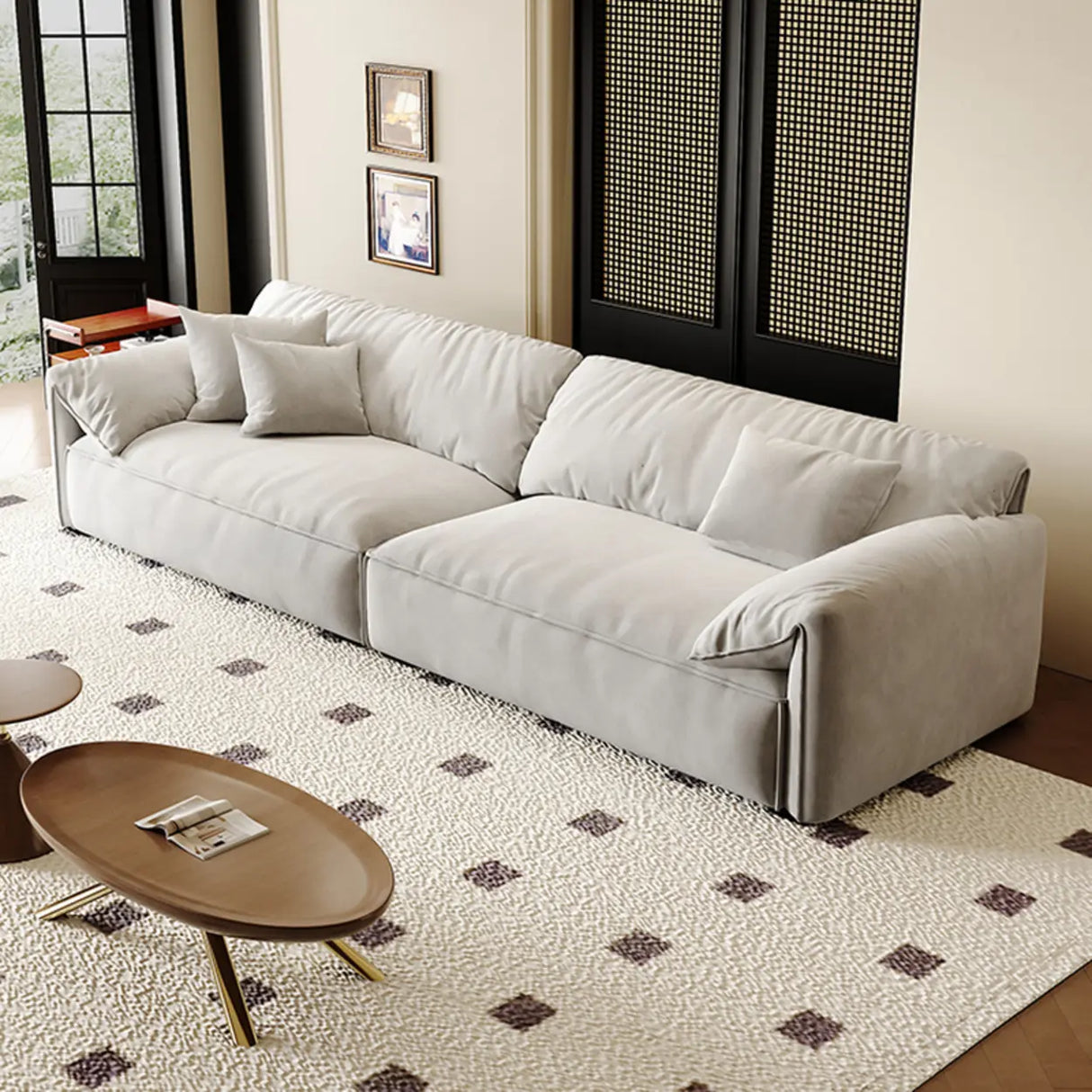 Off-White Suede Pillow Top Arm Concealed Support Sofa Image - 4