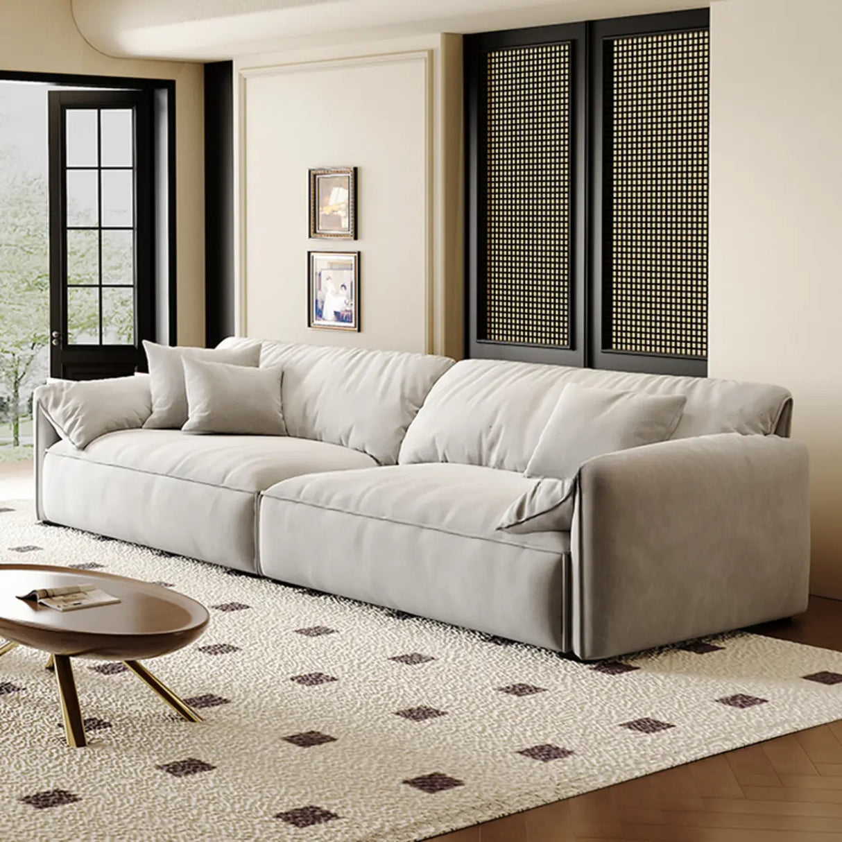 Off-White Suede Pillow Top Arm Concealed Support Sofa Image - 5