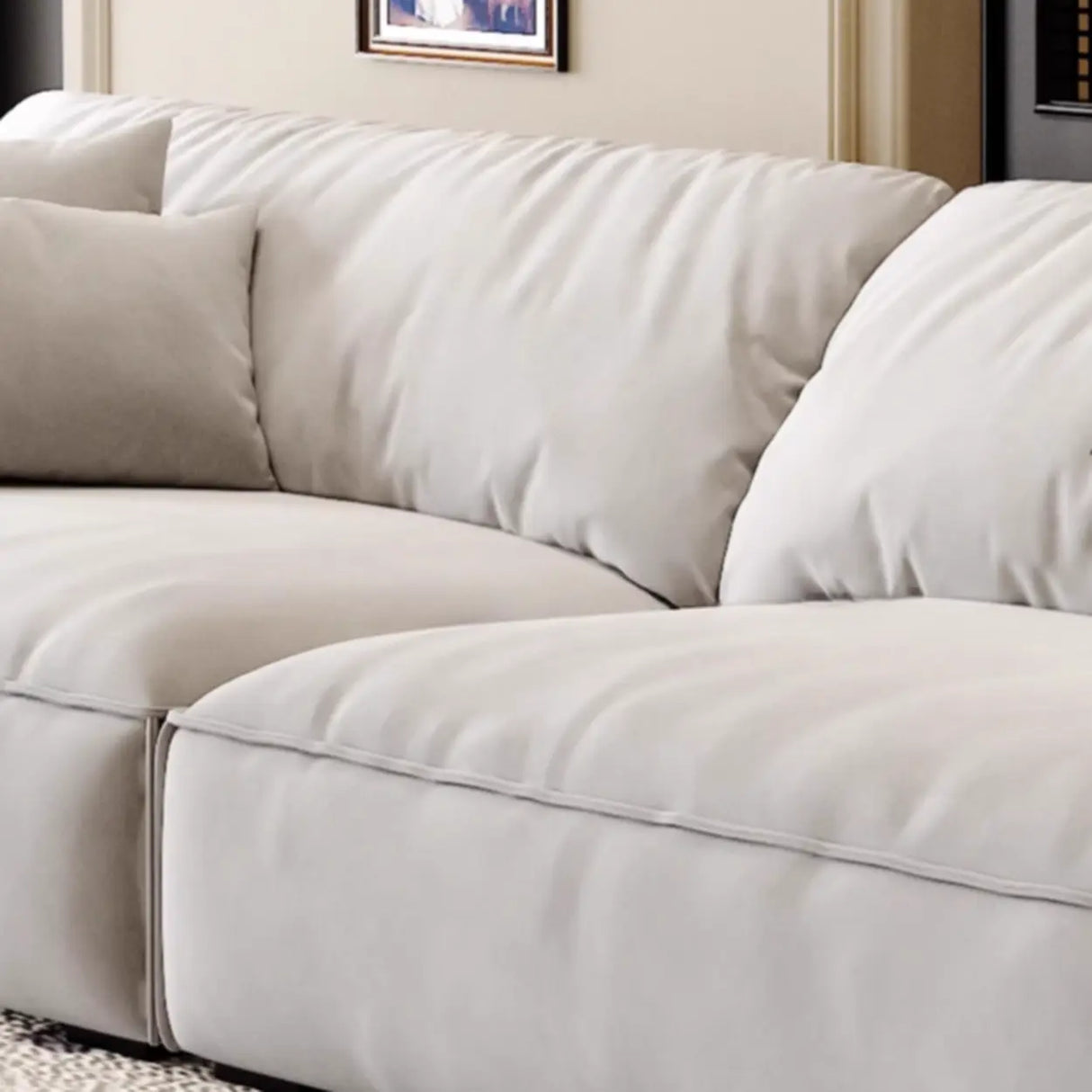 Off-White Suede Pillow Top Arm Concealed Support Sofa Image - 9