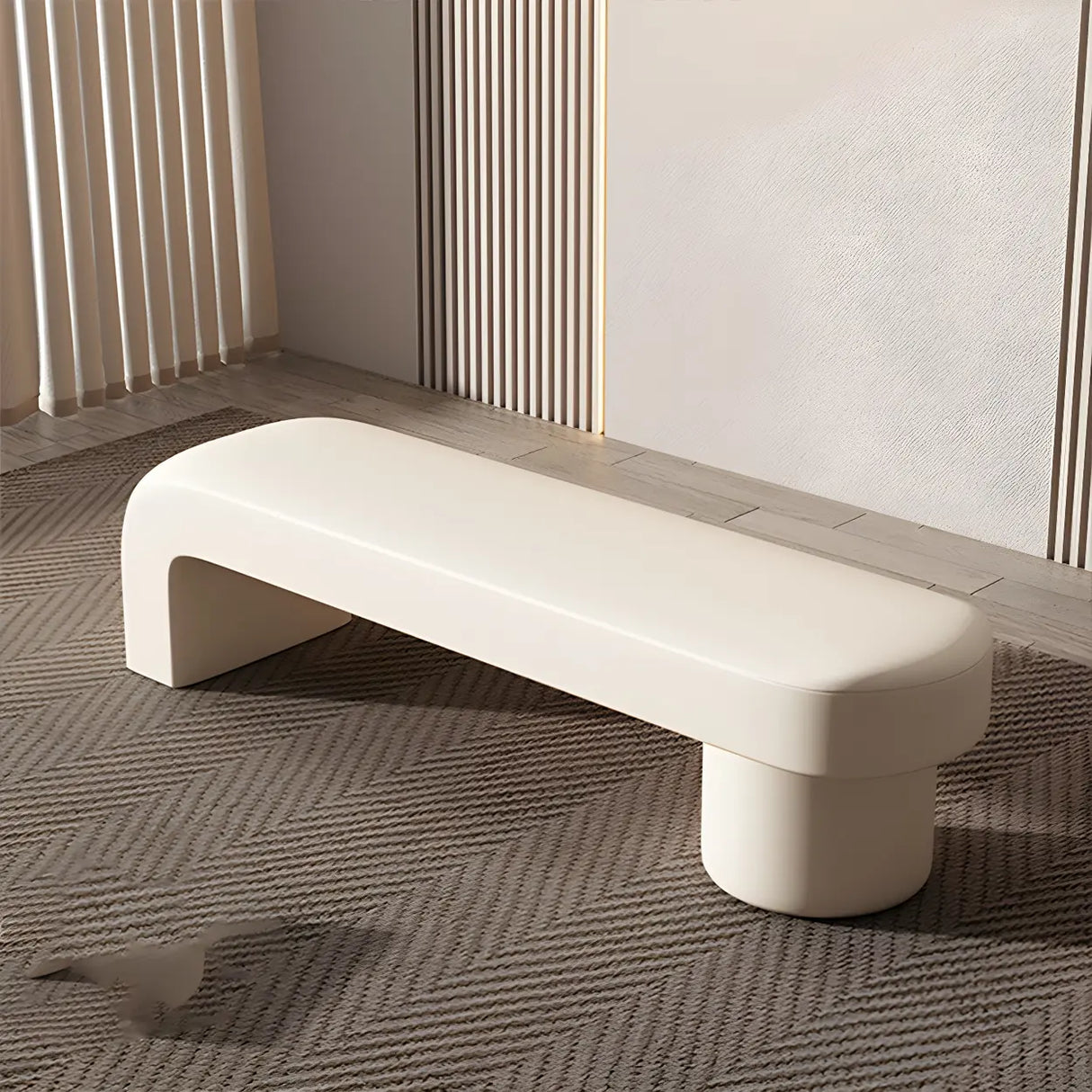 Off-White Upholstered Wood Bedroom Bench with Legs Image - 11