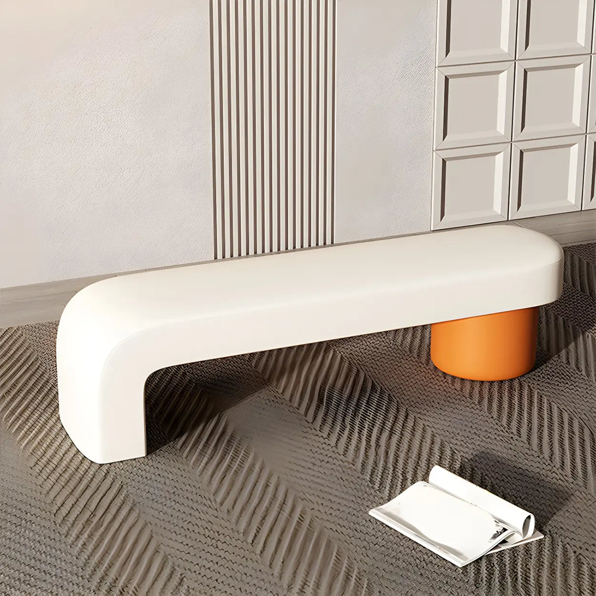 Off-White Upholstered Wood Bedroom Bench with Legs Image - 6