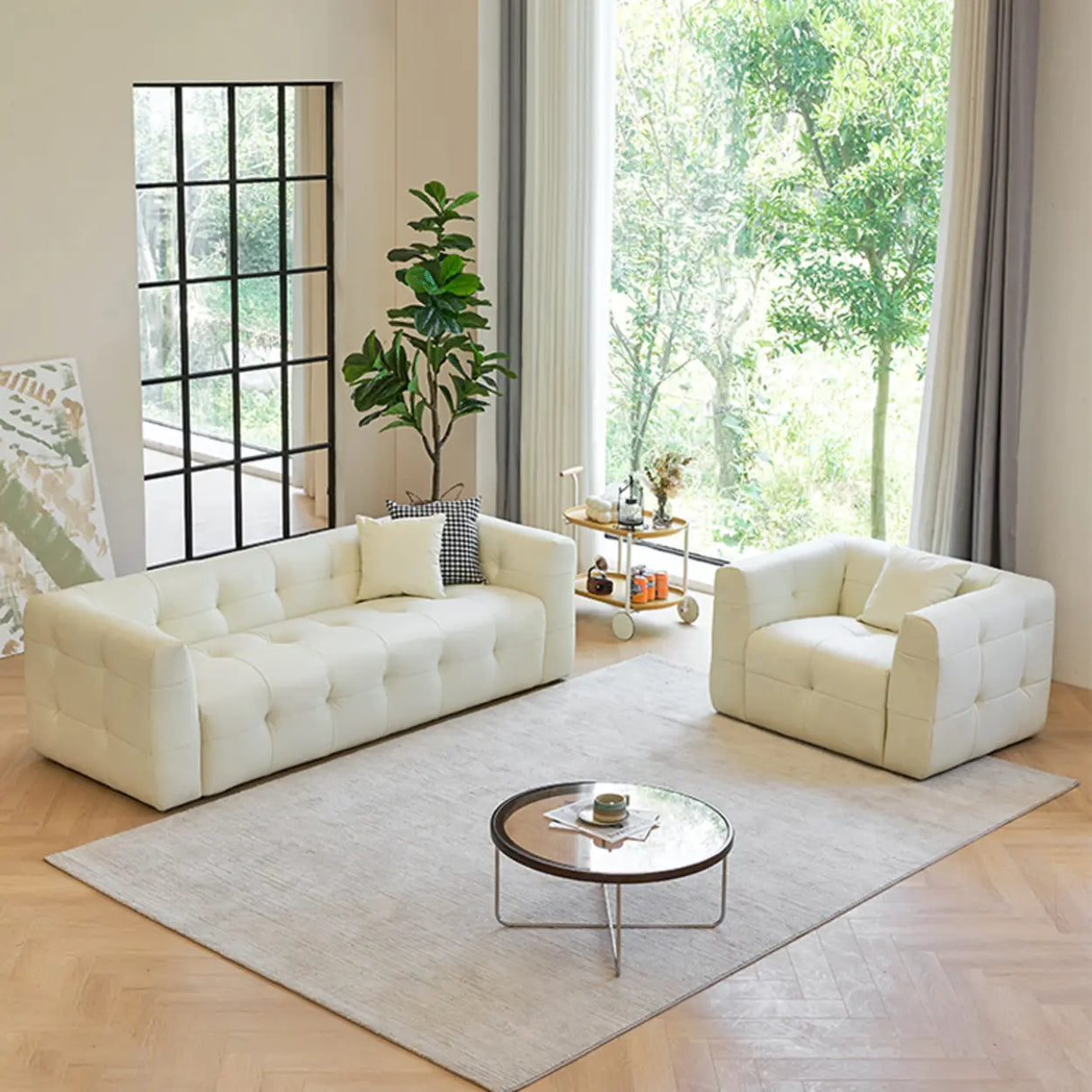 Off-White Water Resistant Leather Tuxedo Arm Sofa Image - 1