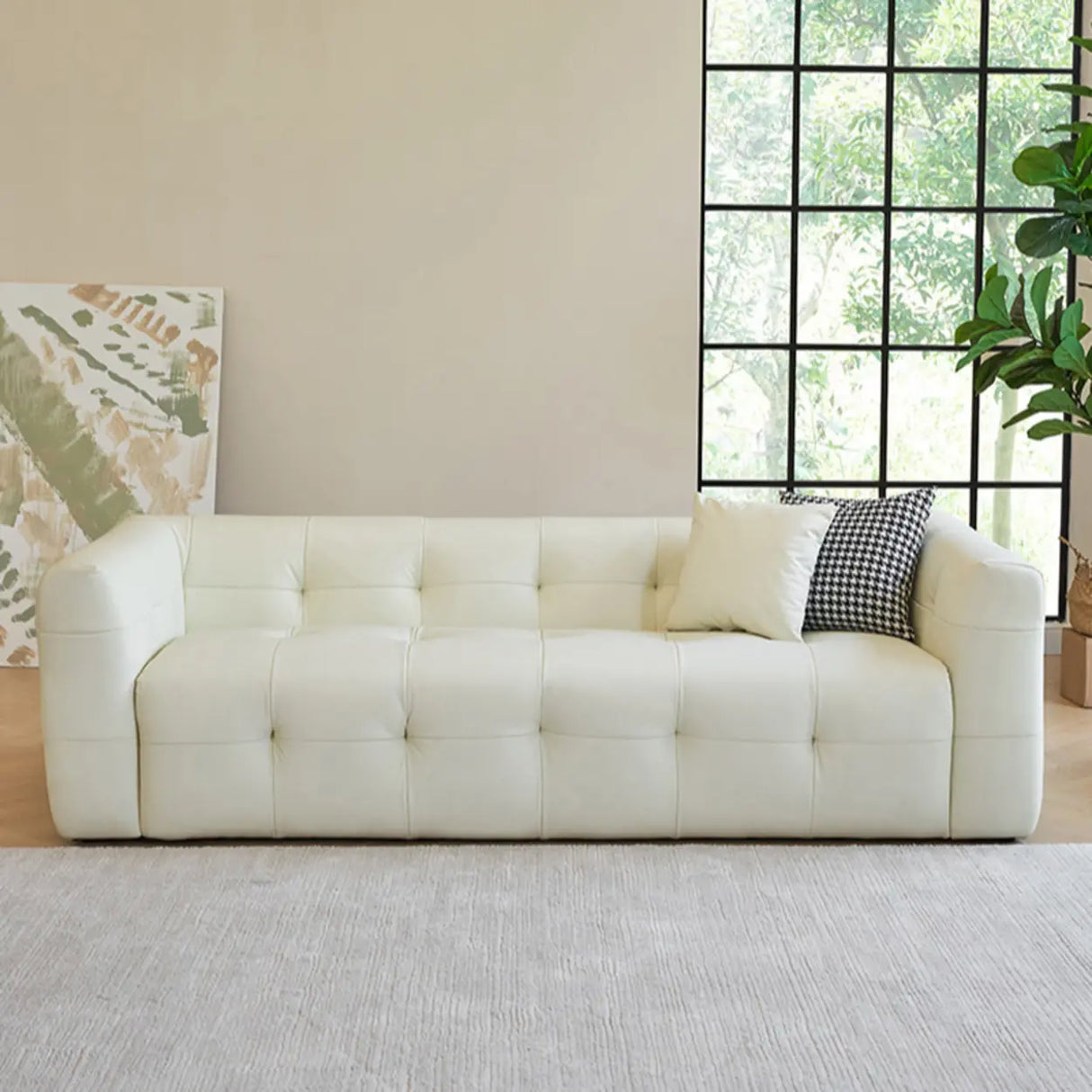 Off-White Water Resistant Leather Tuxedo Arm Sofa Image - 4