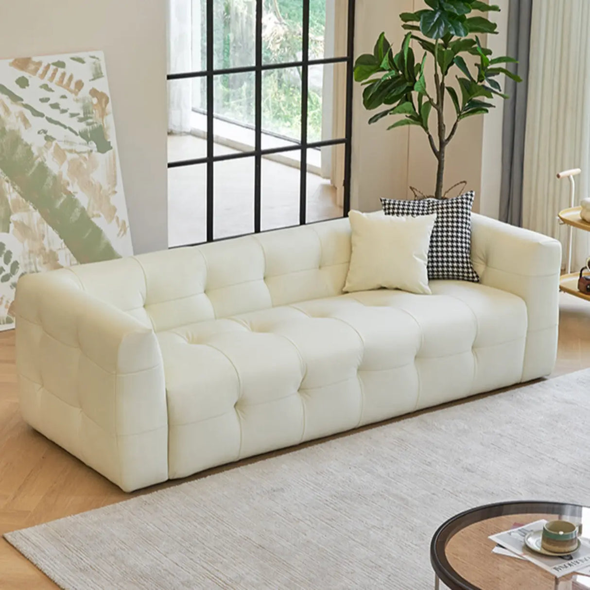 Off-White Water Resistant Leather Tuxedo Arm Sofa Image - 6