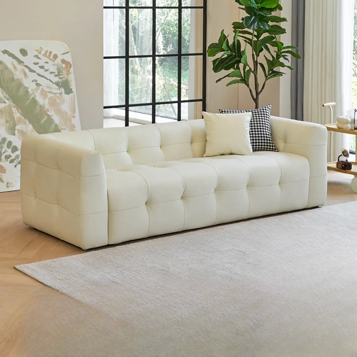 Off-White Water Resistant Leather Tuxedo Arm Sofa Image - 7