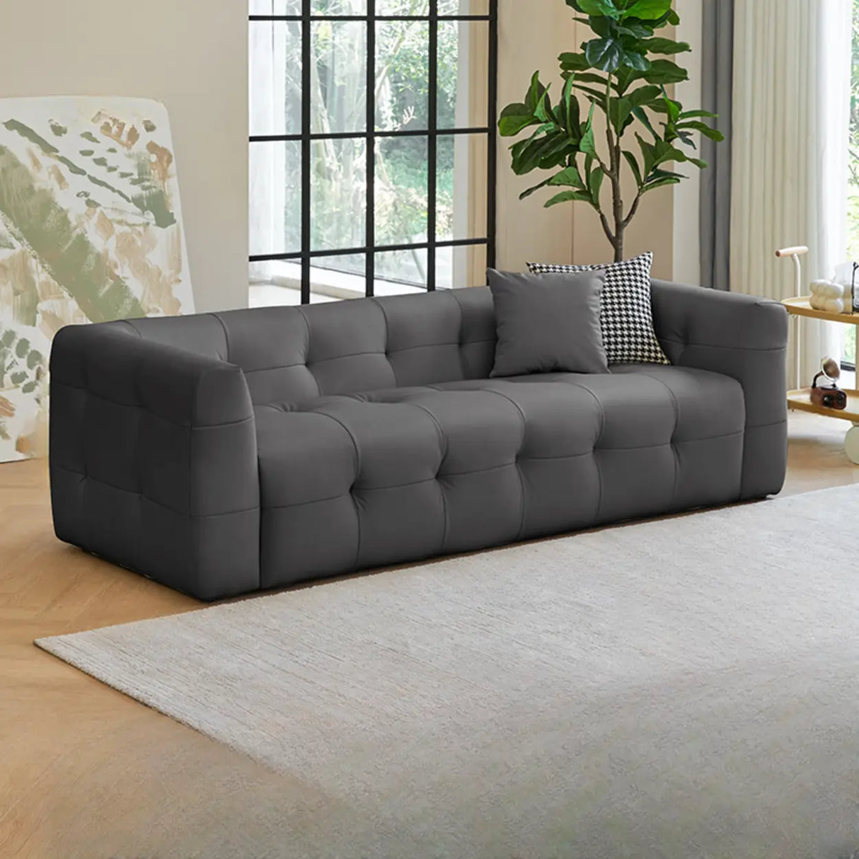 Off-White Water Resistant Leather Tuxedo Arm Sofa Image - 9