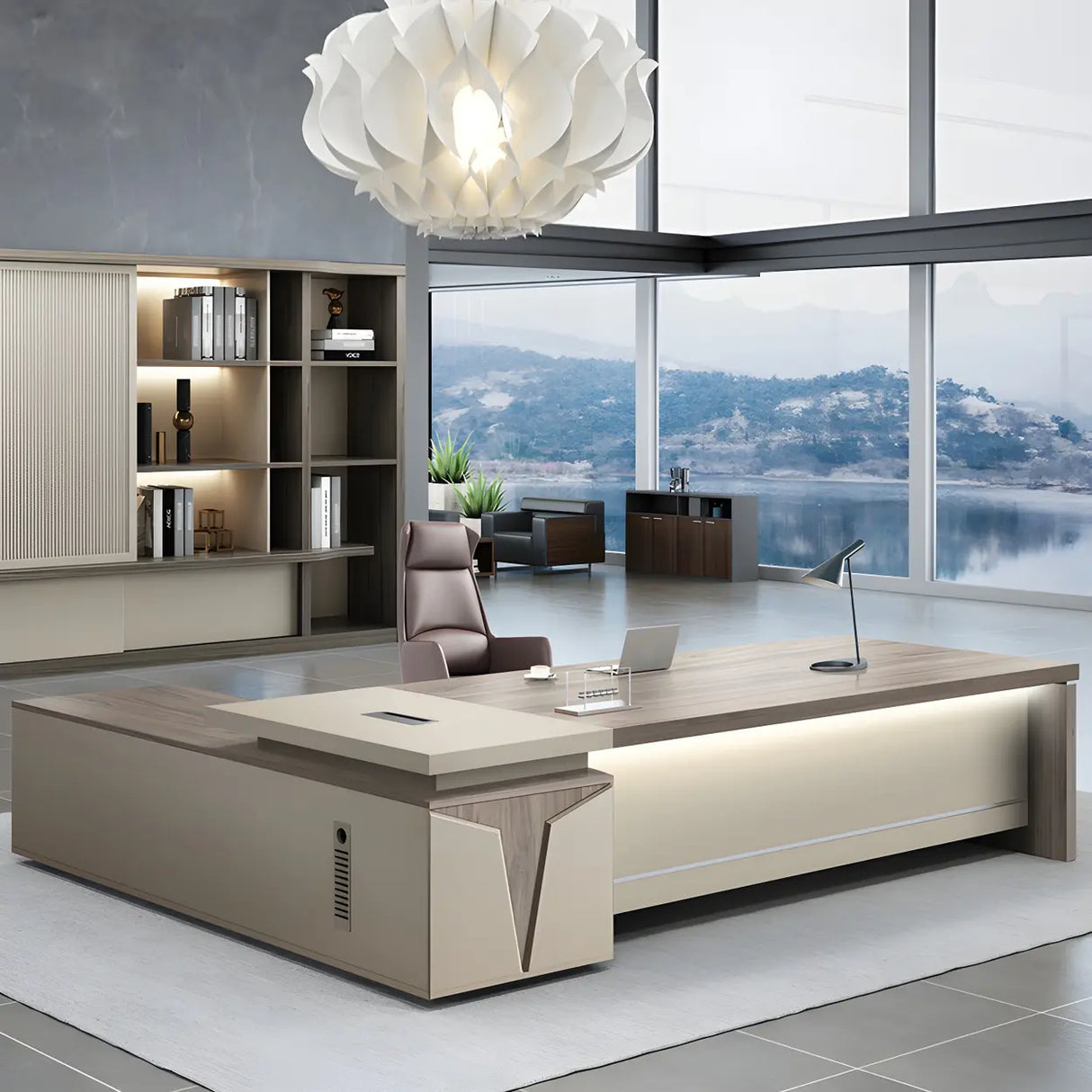 Office Brown Finish Wood L-Shaped Executive Desk Image - 1